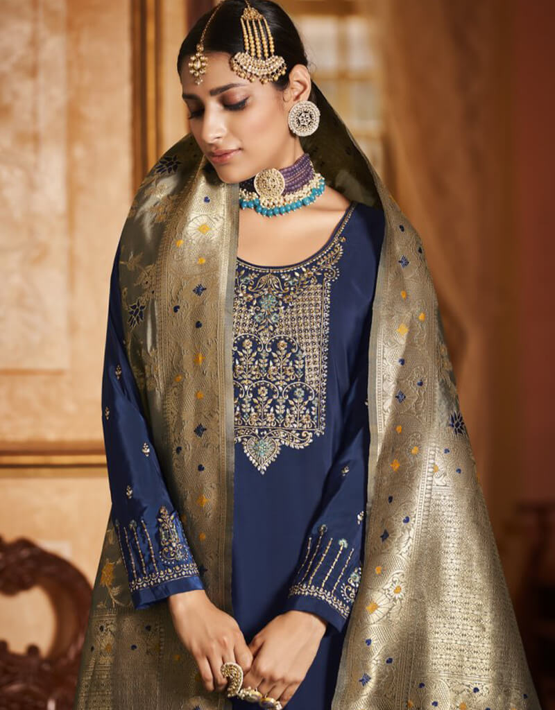 Blue Chudidar Style Suit - Premium Crepe Silk Indian Ethnic Wear for Women | Perfect for Weddings, Festivals & Special Occasions