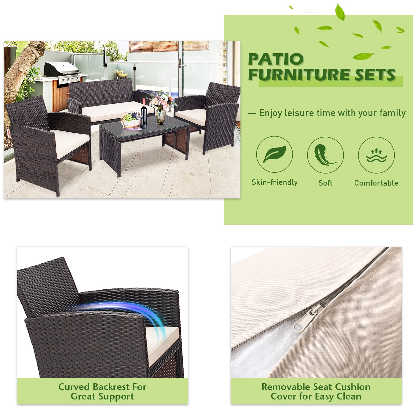 RELAX4LIFE 4-Piece Outdoor Patio Furniture Set with Cushions - Wicker Conversation Set Includes 2 Chairs, Loveseat & Tempered Glass Coffee Table - White Garden Furniture for Backyard, Porch, Poolside & Outdoor Entertaining