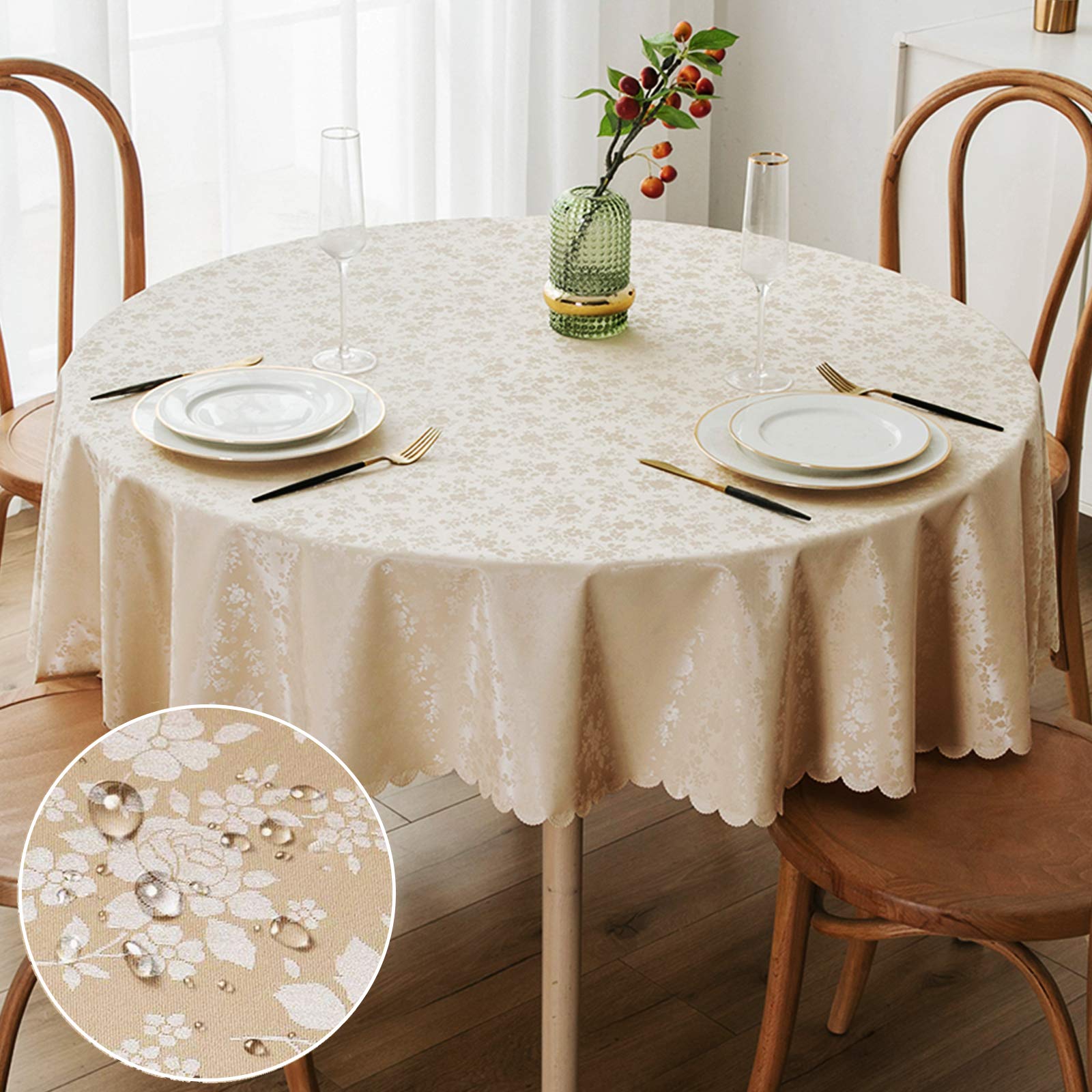 Smiry Round Table Cloth - Waterproof Heavy Duty Vinyl Table Cover, Wipeable & Washable, Perfect for Kitchen, Dining Room, and Outdoor Patio (Beige, 70
