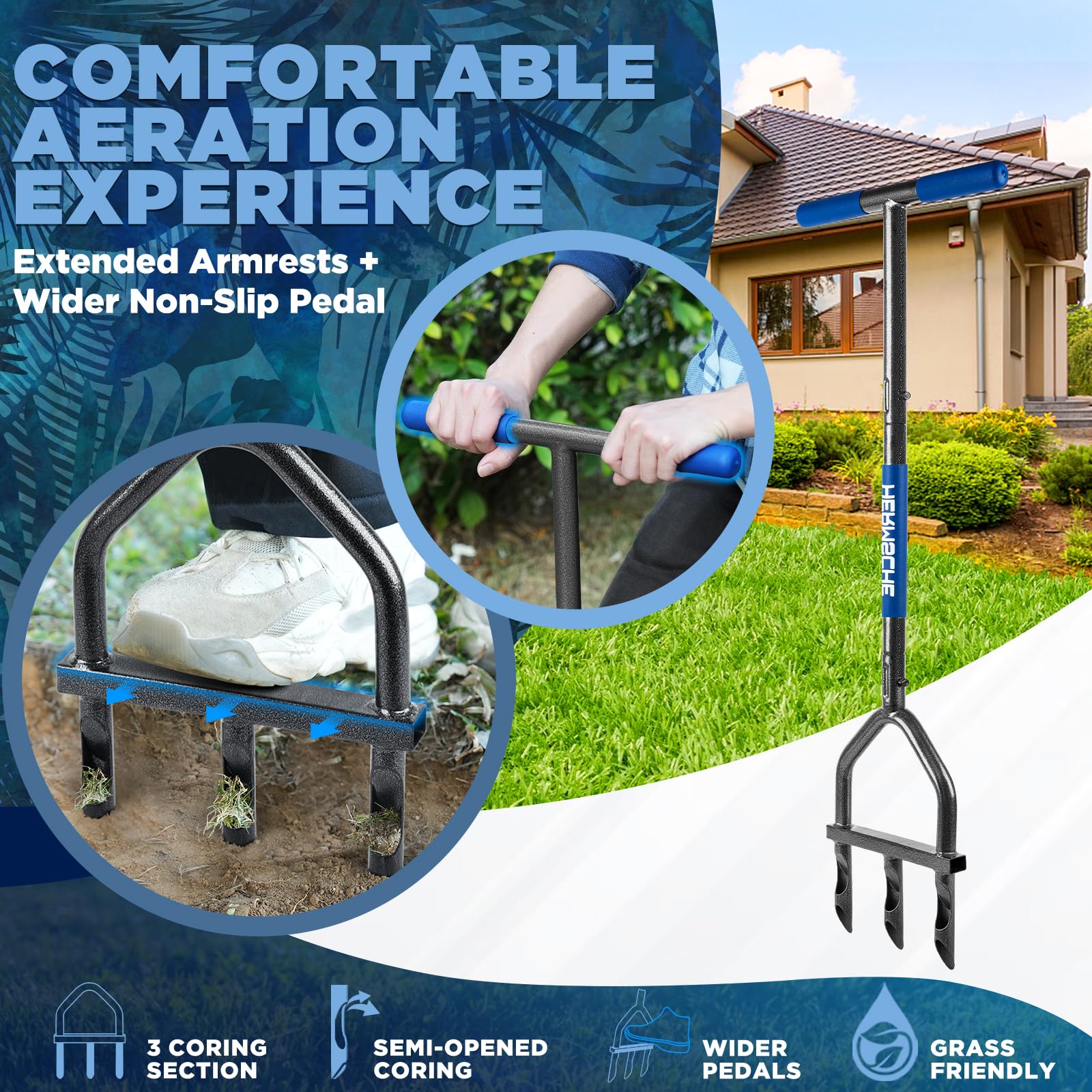 Heavy Duty Manual Lawn Aerator Tool with 3 Hollow Tines - Core Aeration Plugger for Compacted Soil in Yard, Garden & Lawn Care | Perfect for Spring/Summer Lawn Maintenance & Soil Health Improvement