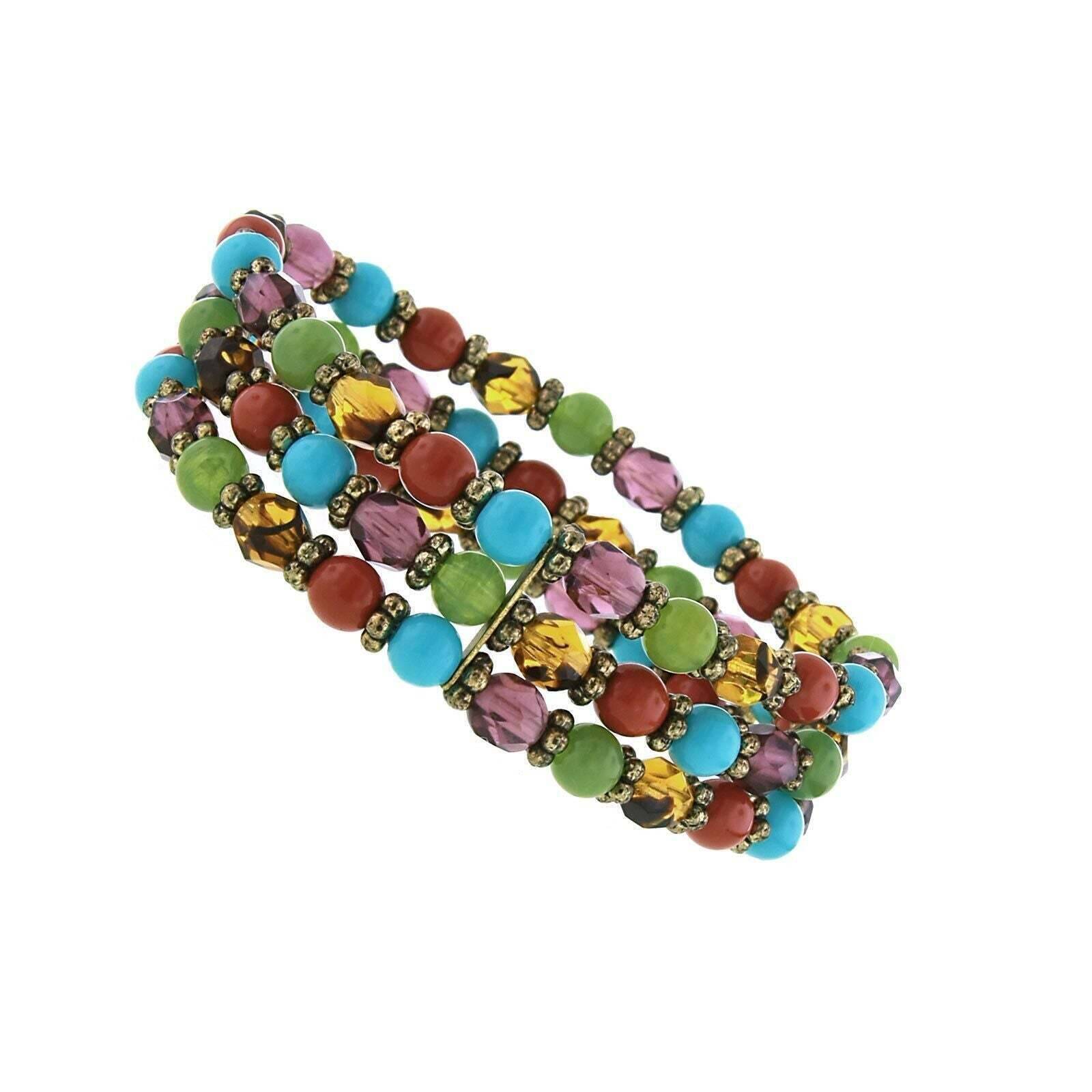 Vintage 1928 Jewelry Brass Multi-Color Beaded Stretch Bracelet for Women - Boho Chic Accessory for Parties, Weddings & Everyday Wear