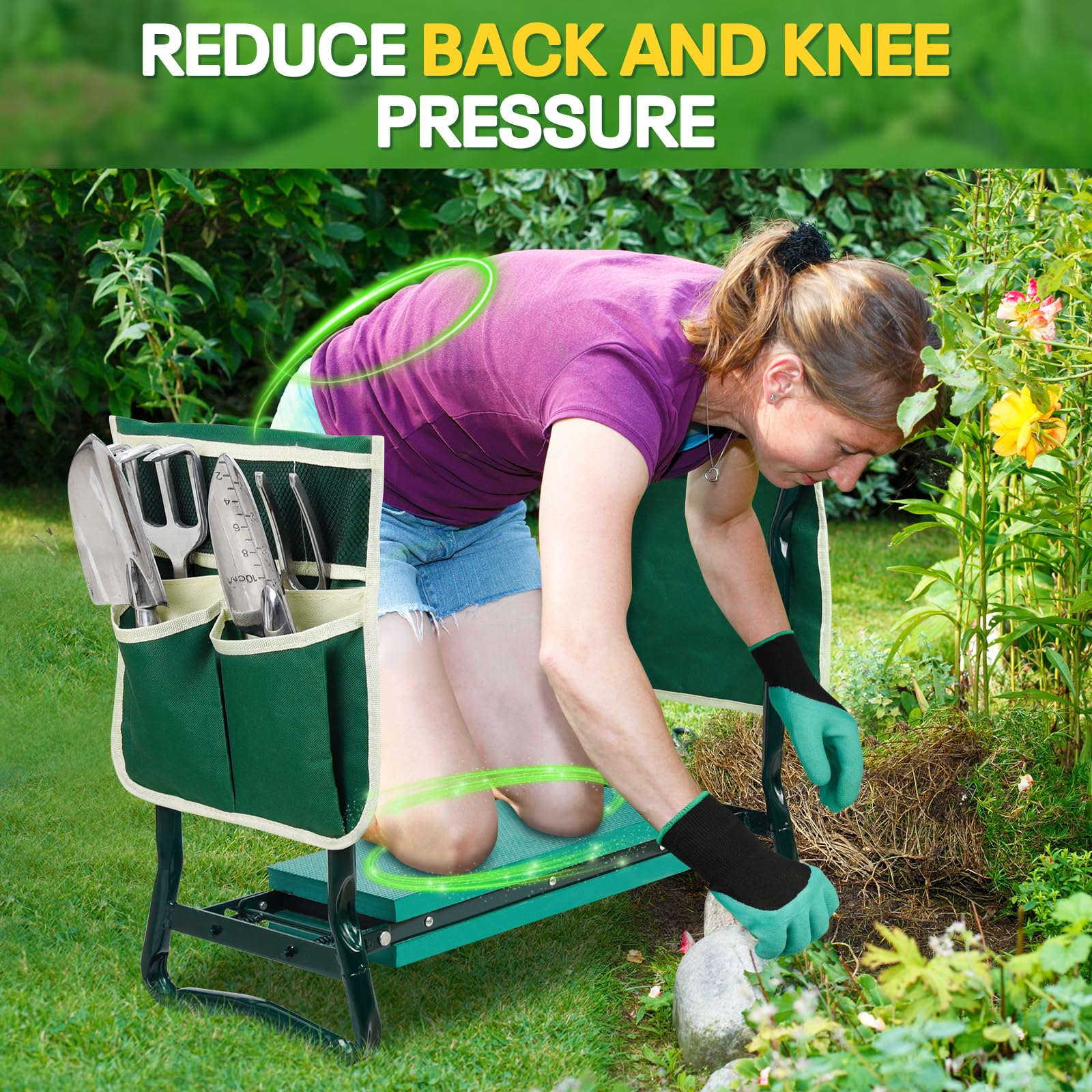 EAONE Foldable Garden Kneeler and Seat with Soft Kneeling Pad - Gardening Stool Bench with Hand Tools, Gloves & Tool Pouches - Ideal Gardening Gifts for Men & Women - Protects Knees & Back - Perfect for Planting, Weeding & Outdoor Yard Work