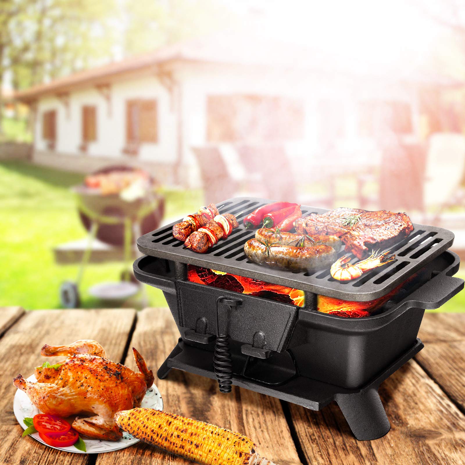 Giantex Portable Charcoal Hibachi Grill - Double-Sided Cast Iron BBQ Grill with Adjustable Air Vent, Fire Gate & Grate Lifter - Perfect for Outdoor Cooking, Camping, Picnics & Backyard Barbecues