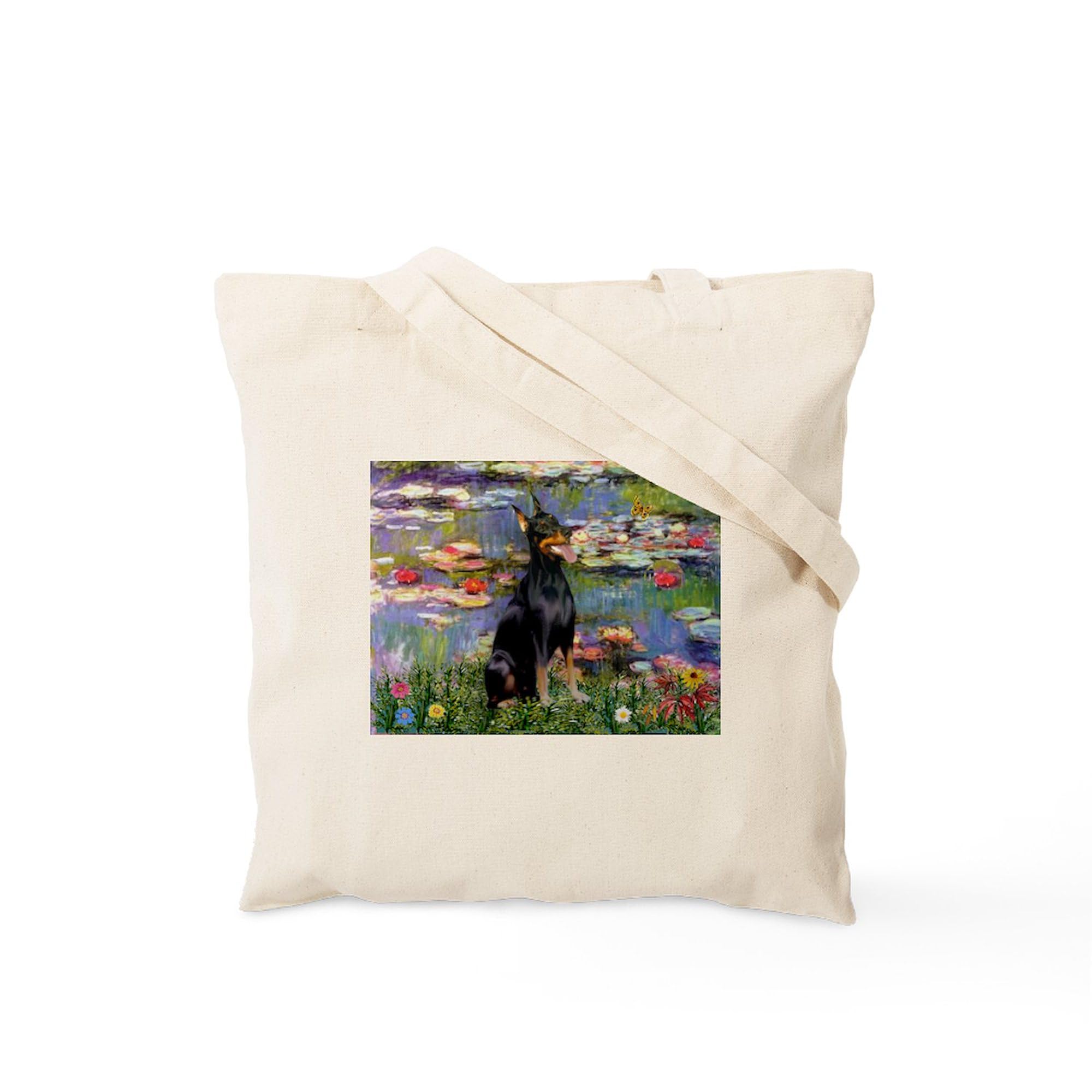 Lilies By Monet & Doberman Canvas Tote Bag - Eco-Friendly Reusable Shopping Bag for Groceries, Beach, Work & Daily Use