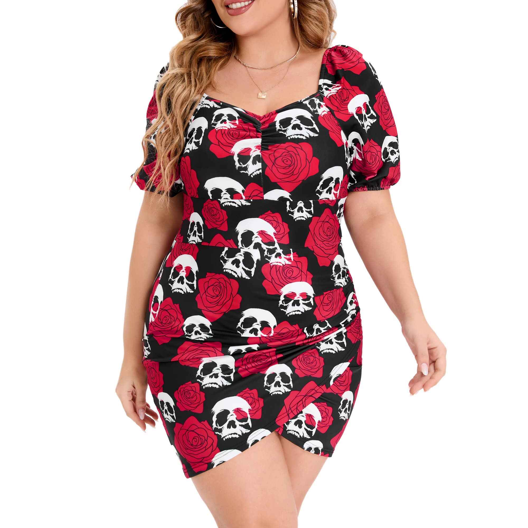 Topjini Women's Plus Size Short Sleeve Skulls Rose Printed Bodycon Dress - Elegant Casual & Club Party Mini Dress for Women - Perfect for Night Out, Date Night and Summer Vacation
