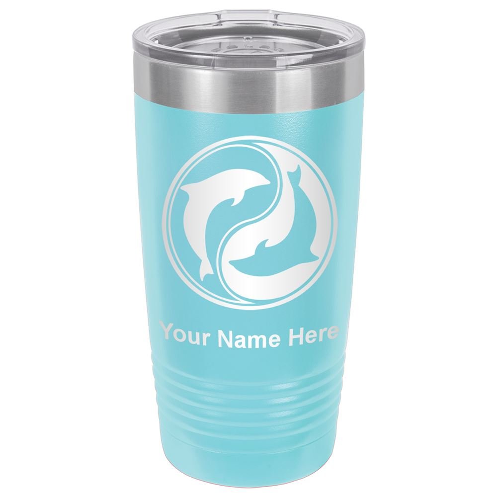 LaserGram 20oz Vacuum Insulated Stainless Steel Tumbler Mug with Leak-Proof Lid - Personalized Engraved Dolphin Yin Yang Design (Light Blue) - Perfect for Coffee, Tea & Cold Drinks at Home, Office or Travel