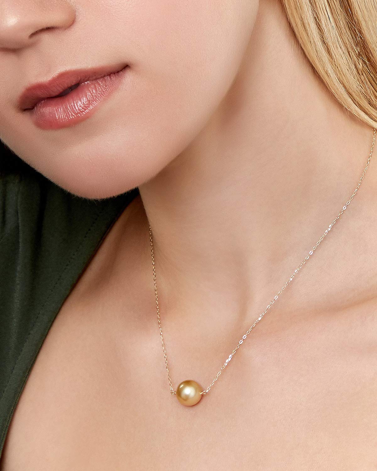14K Gold Round Golden South Sea Cultured Pearl Solitaire Pendant Necklace for Women - Elegant Pearl Jewelry Gift for Anniversary, Wedding & Special Occasions