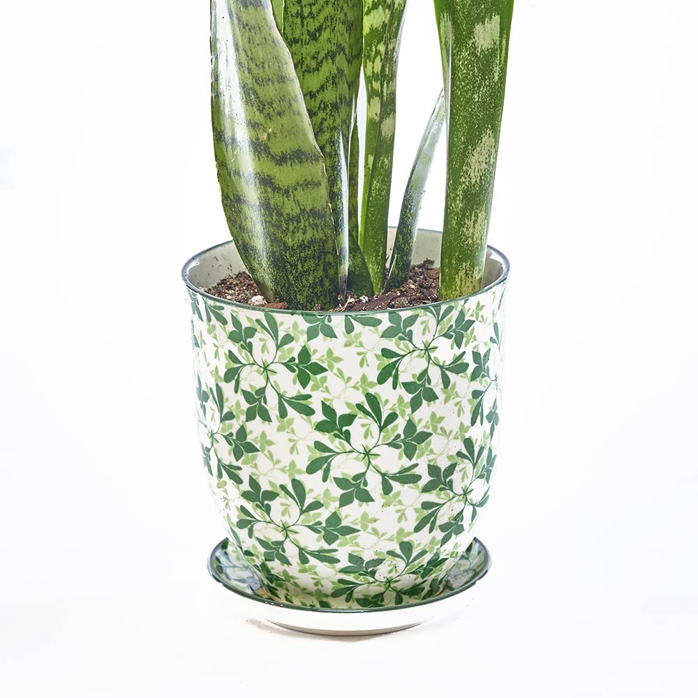 CHIVE ‘Liberte’ Ceramic Succulent Pots — 4.25” Vintage Farmhouse Style Planters for Indoor Plants — Home & Kitchen Decor — Green Leaves Design — Perfect for Windowsills, Office Desks & Gift Ideas