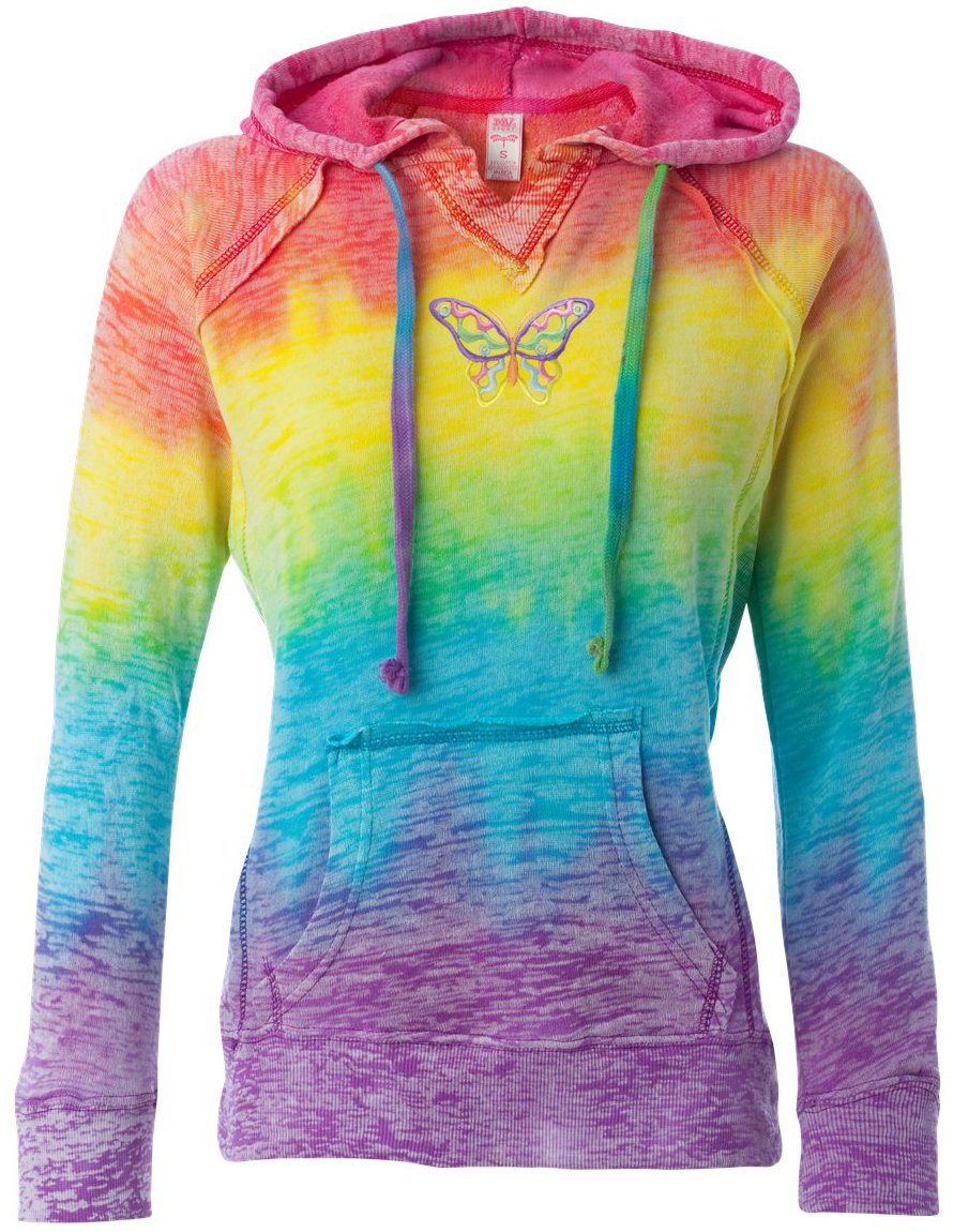 Pastel Butterfly Print Lightweight Burnout V-Neck Hoodie for Women - Soft & Stylish Loungewear for Casual Outings & Relaxing at Home
