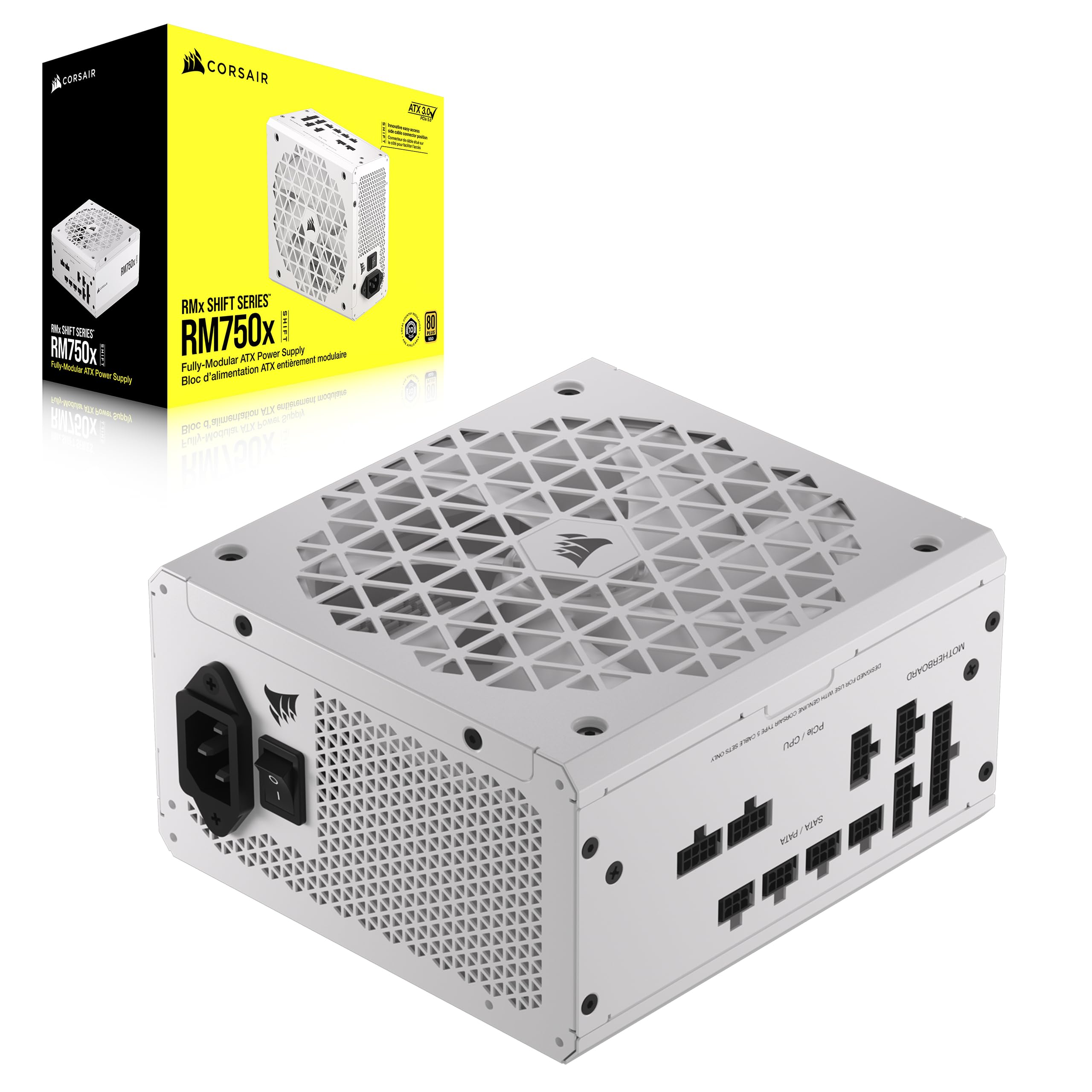 CORSAIR RM750x Shift 750W Fully Modular ATX Power Supply - 80 Plus Gold Certified - ATX 3.0 & PCIe 5.0 Compatible - Zero RPM Fan Mode - White (Side Modular Interface) - Perfect for Gaming PCs, Workstations & High-Performance Builds