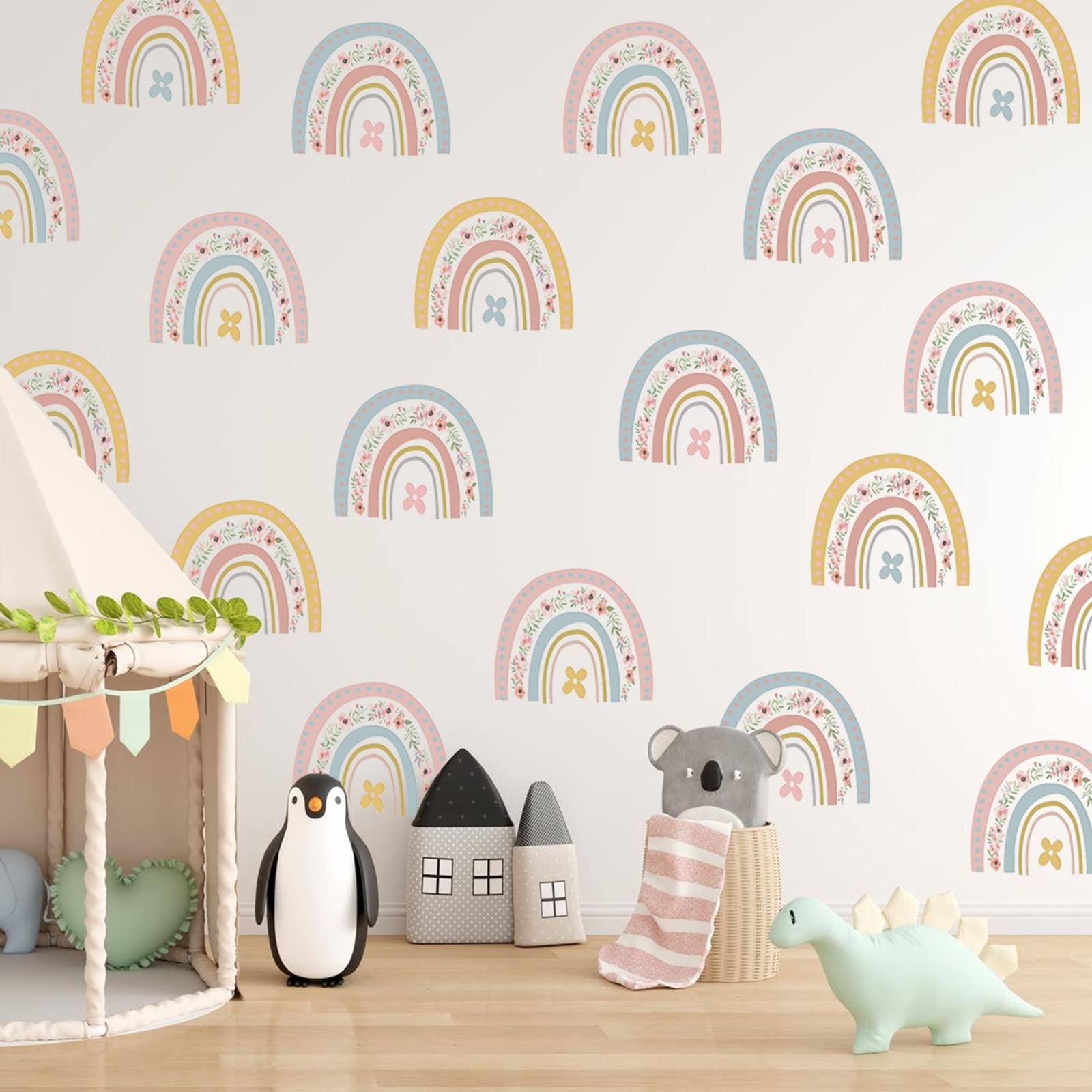 72PCS Pink Boho Rainbow Wall Decals - Peel and Stick Flower Rainbow Wall Art for Girls Room, Nursery & Playroom Decor (2.56x2.76 Inch) - Perfect for Birthday Parties, Baby Showers & Kids Bedroom Makeovers