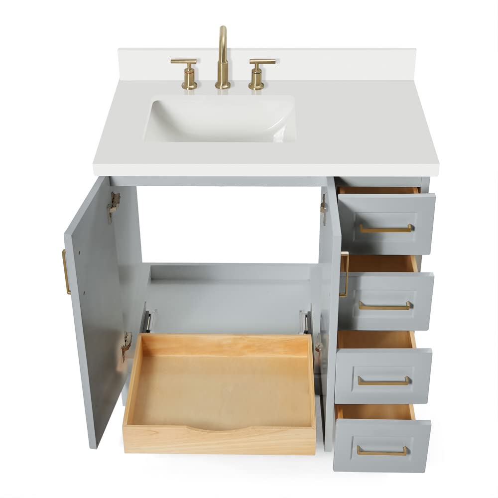 ARIEL Taylor 37-inch Left Offset Rectangle Bathroom Vanity with White Quartz Countertop - Modern Grey Sink Cabinet for Small Spaces | Perfect for Powder Rooms, Guest Baths & Apartment Renovations