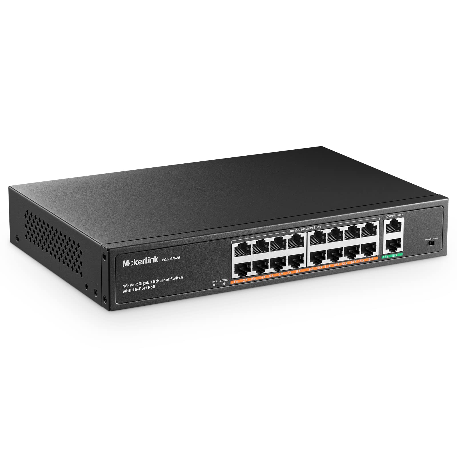 MokerLink 16 Port Gigabit PoE Switch with 2 Uplink Ports | 250W IEEE 802.3af/at Power Over Ethernet | Rackmount Unmanaged Network Switch for Home Office, Surveillance Cameras & IP Phones