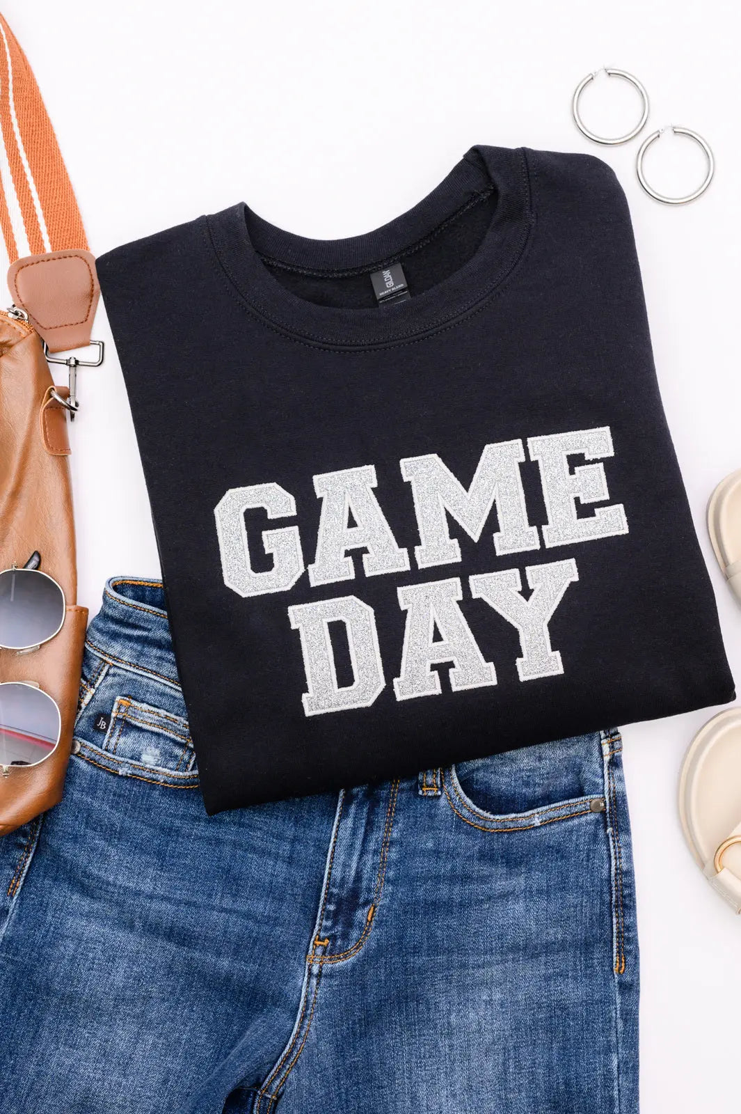 PREORDER: Embroidered Glitter Game Day Sweatshirt - Black/Silver | Comfortable Pullover for Football, Basketball & Tailgate Parties