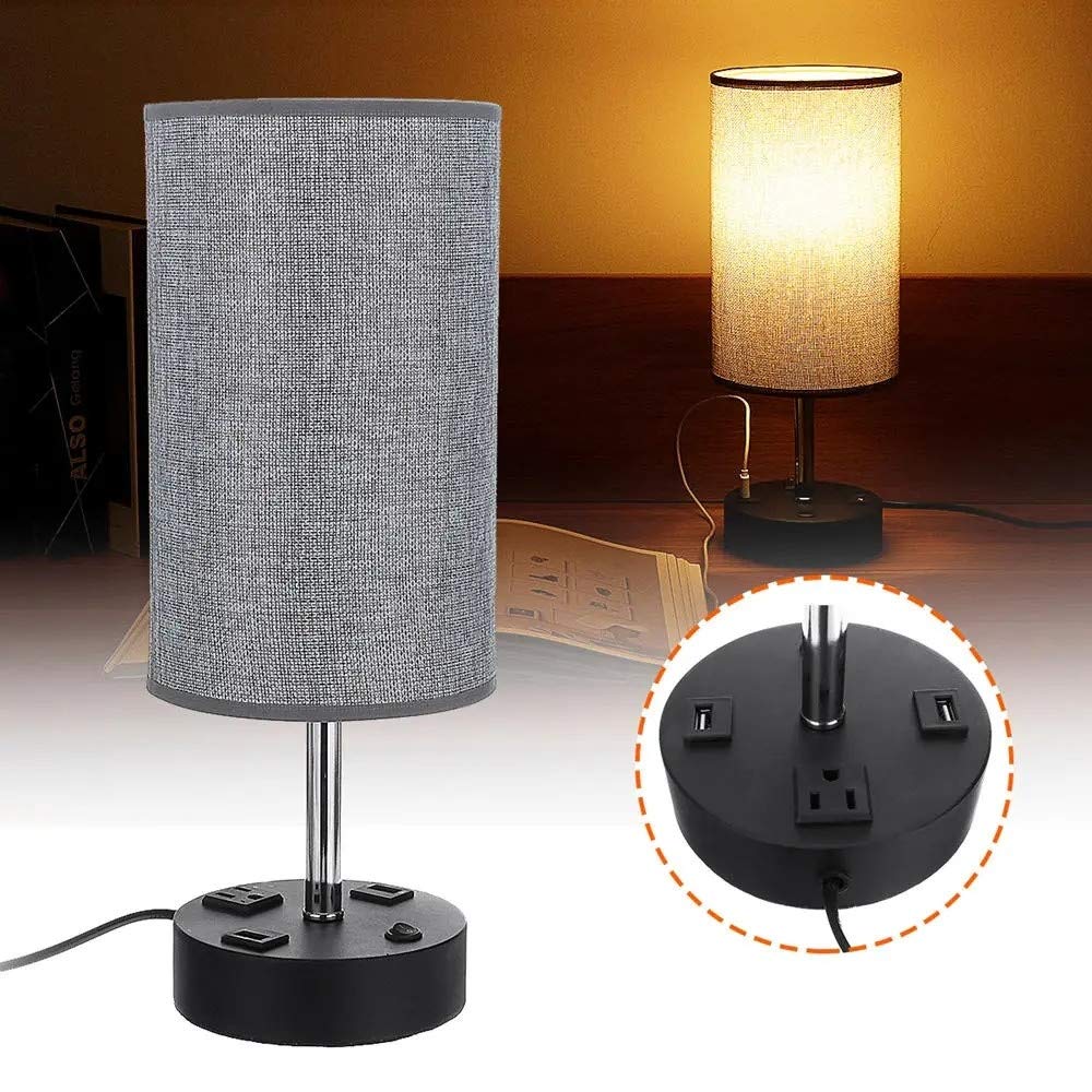 LED Desk Lamp with Dual USB Ports - Adjustable Fabric Shade Table Lamp for Home Office, Bedroom, Study (Gray, Size A) - Perfect for Reading, Working & Nightstand Lighting