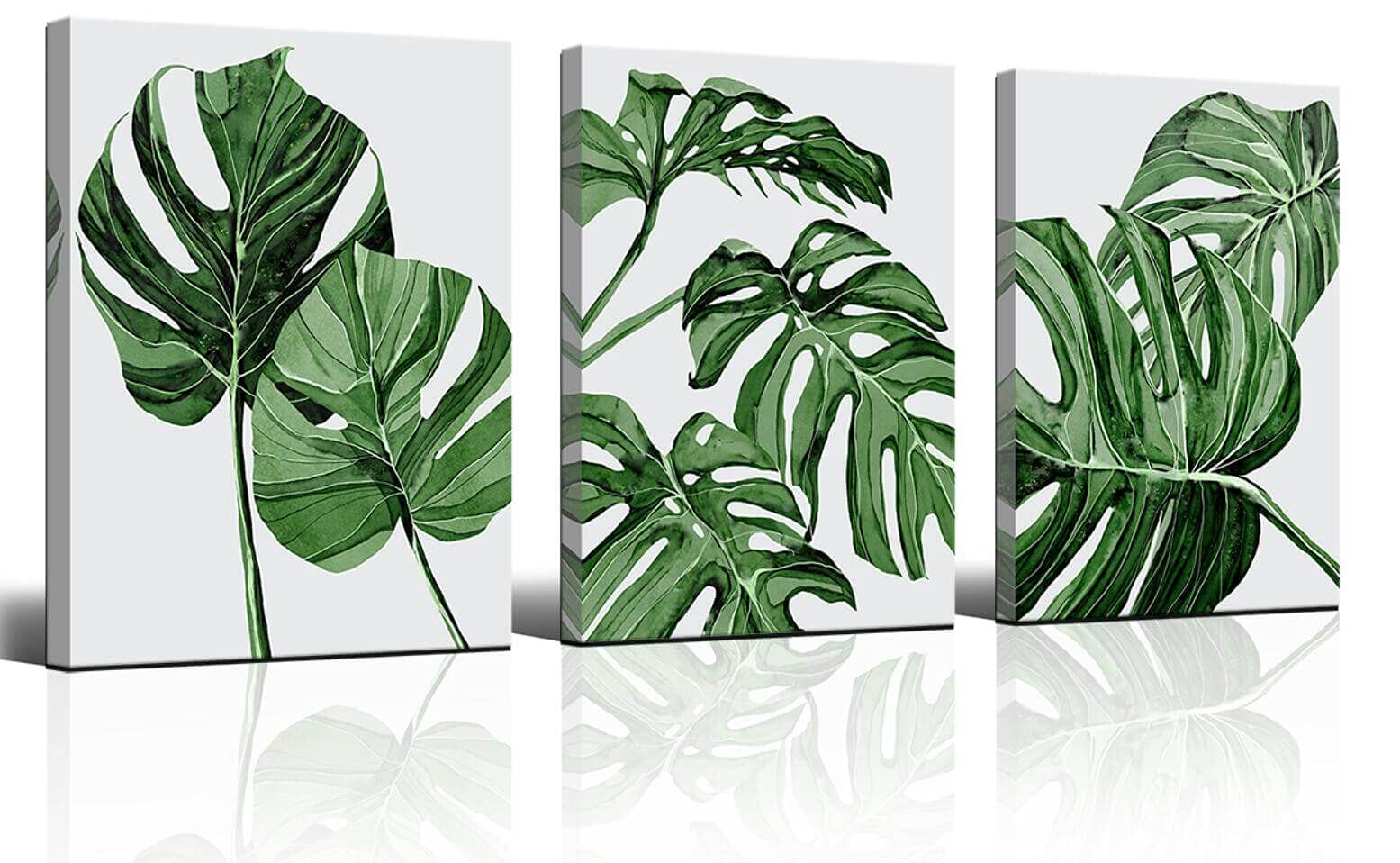 Monstera Leaf Canvas Wall Art Set of 3 - Tropical Plant Framed Prints for Living Room, Bedroom, Office & Bathroom Decor - Green Botanical Wall Decor for Home & Workspace