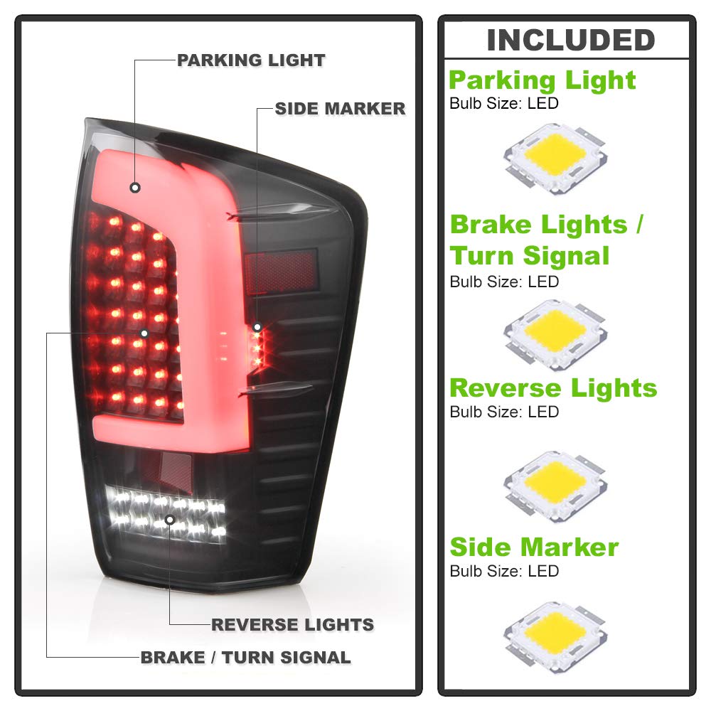 ACANII LED Tail Lights for 2016-2021 Toyota Tacoma - Black Full LED Tube Brake Light Assembly Pair (Left+Right) - Durable Onyx Black Design for Enhanced Night Visibility & Style Upgrade