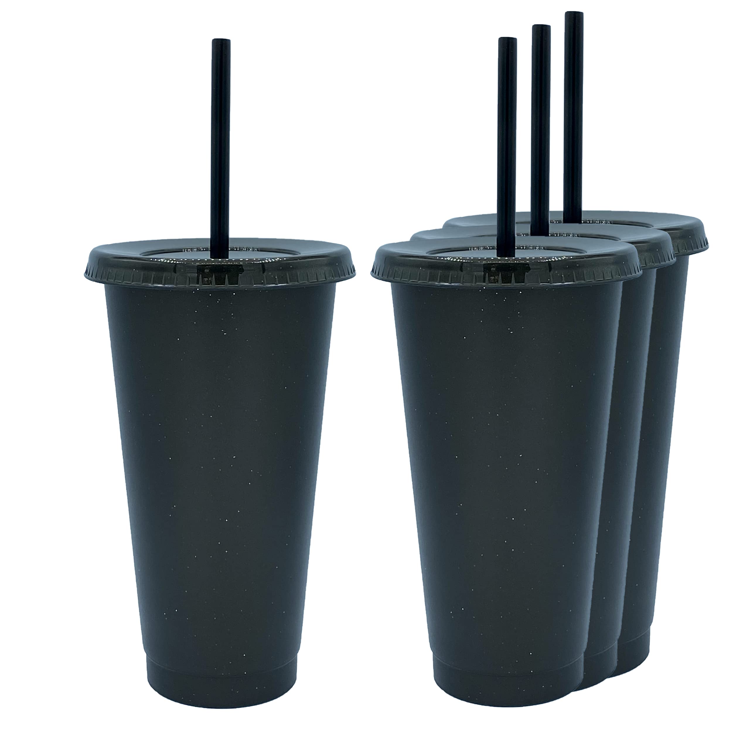 24 oz Reusable Plastic Tumbler with Straw & Lid - 4 Pack Glitter Matte Black Cold Cups for Iced Coffee, Smoothies & Drinks | BPA-Free, Dishwasher Safe, Perfect for Home, Office & Travel