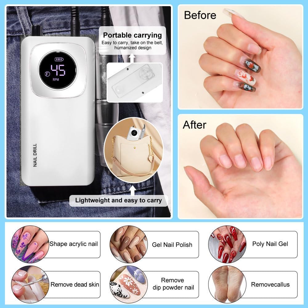 Professional Cordless Electric Nail Drill Kit - 45000 RPM High Speed Nail File Machine with Rechargeable Battery & Drill Bits | Portable E-File for Acrylic, Gel Nails | Perfect for Home & Salon Manicures, Nail Art & DIY Nail Care