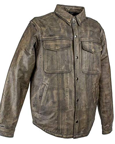 Men's Distressed Brown Genuine Leather Motorcycle Shirt with Concealed Carry Pockets - Biker Jacket for Riding, Outdoor Adventures & Casual Wear