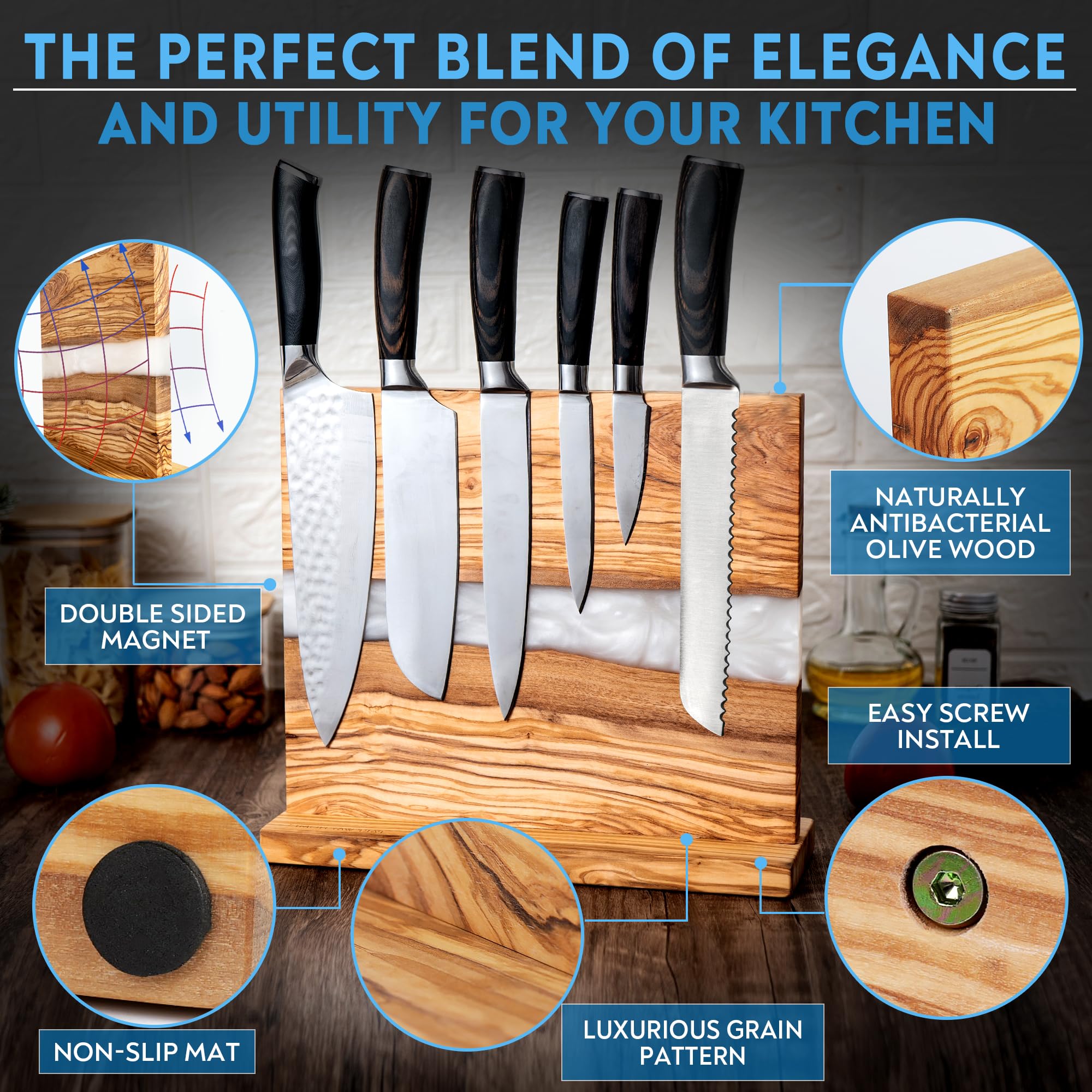 Italian Olive Wood Magnetic Knife Block Stand - Double Sided Strong Magnet Knife Holder with Resin Flow Design - Universal Kitchen Knife Organizer Holds 18 Knives (White Pearl) - Perfect for Home Chefs & Professional Kitchens