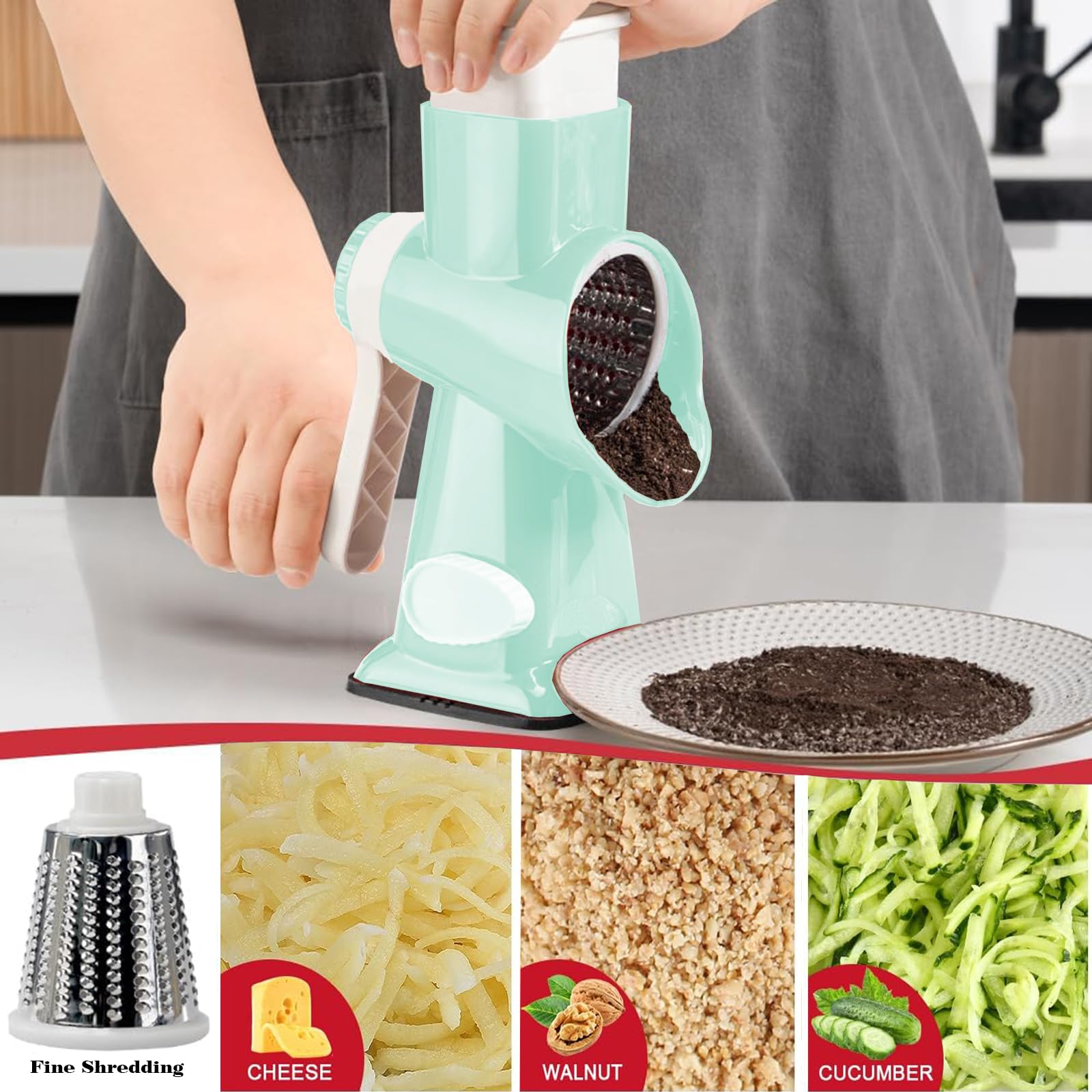 Stainless Steel Rotary Cheese Grater with Handle - Multi-Purpose Kitchen Tool for Effortless Grating Cheese, Vegetables & Fruits | Perfect for Pizza, Salads & Meal Prep (Green)