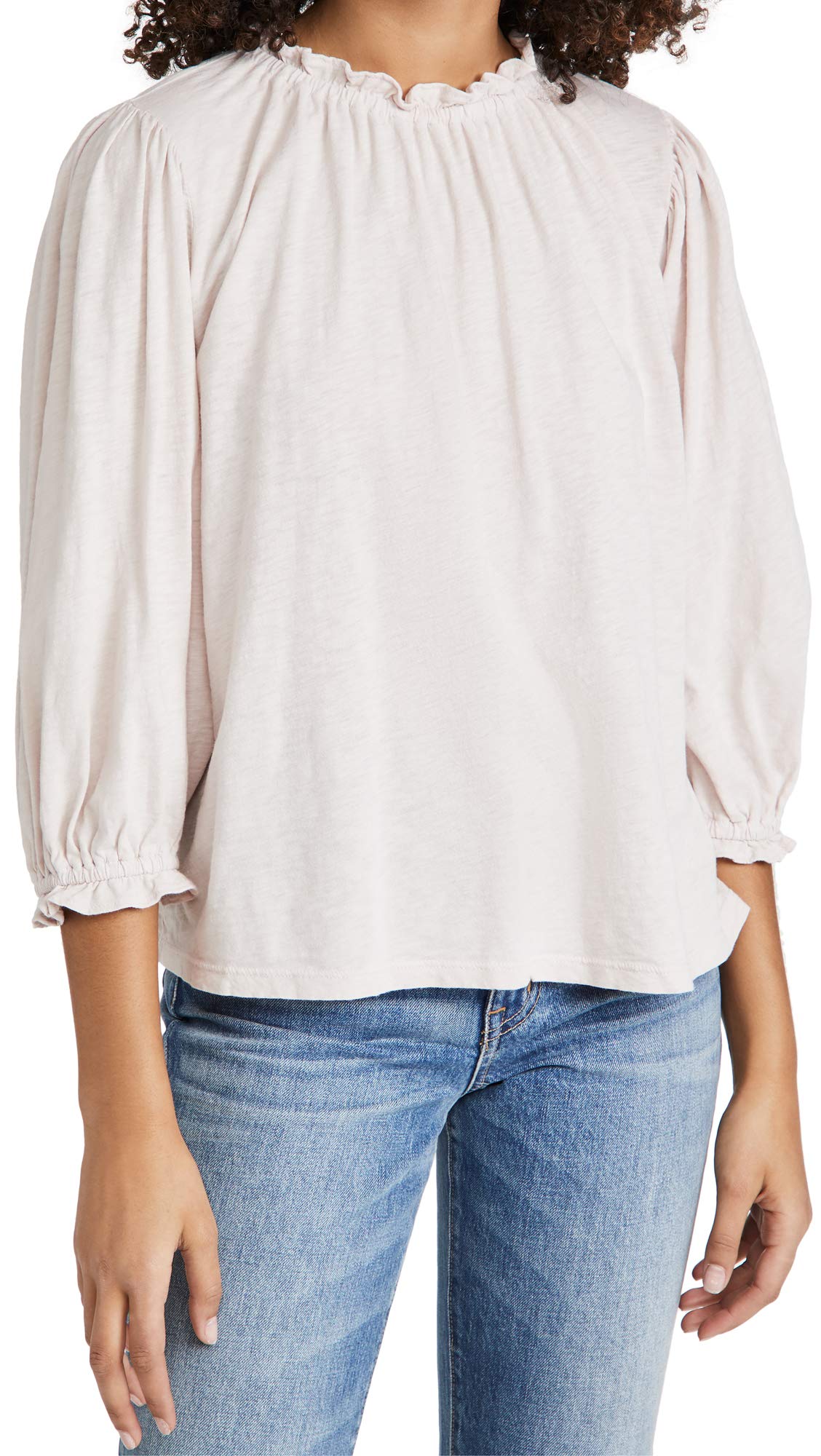 Velvet by Graham & Spencer Women's Barbara Cotton Slub Ruffle Mock Neck T-Shirt - Soft Casual Tee for Everyday Wear & Layering