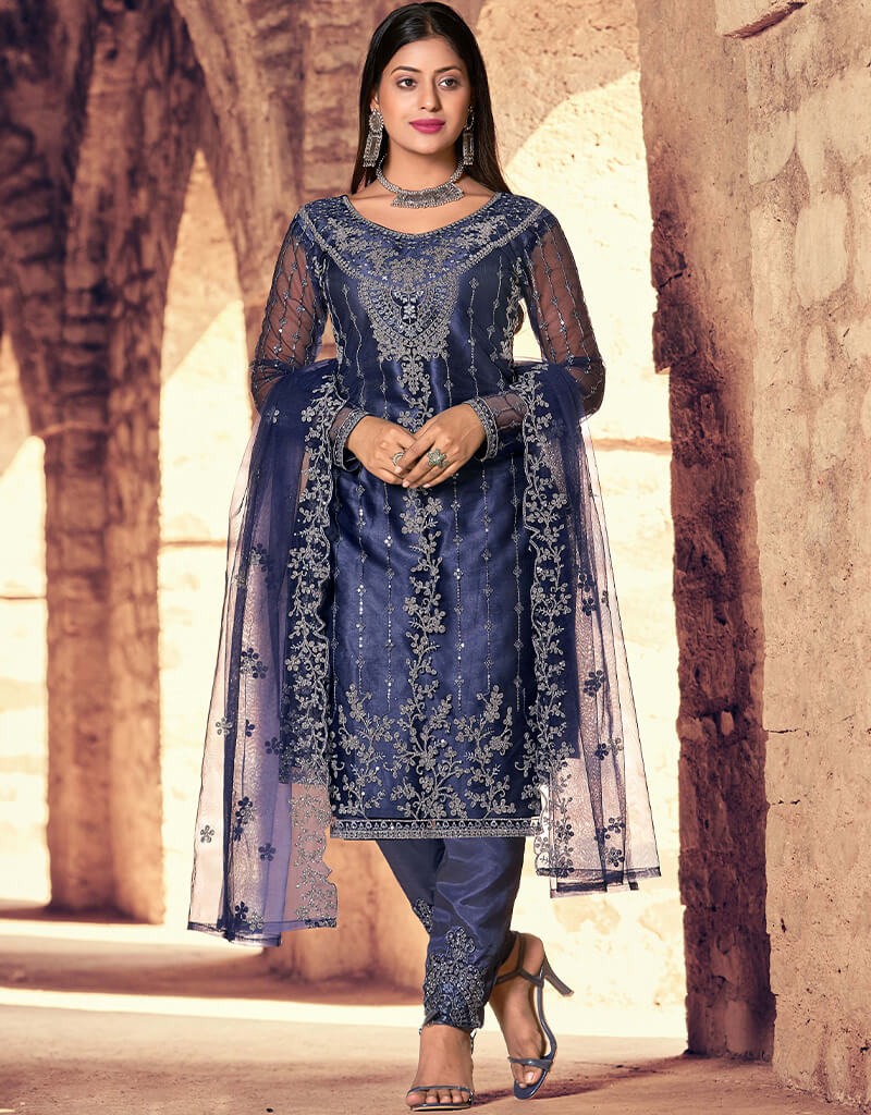 Blue Heavy Net Pant Salwar Suit for Women - Elegant Indian Ethnic Wear for Weddings & Festivals