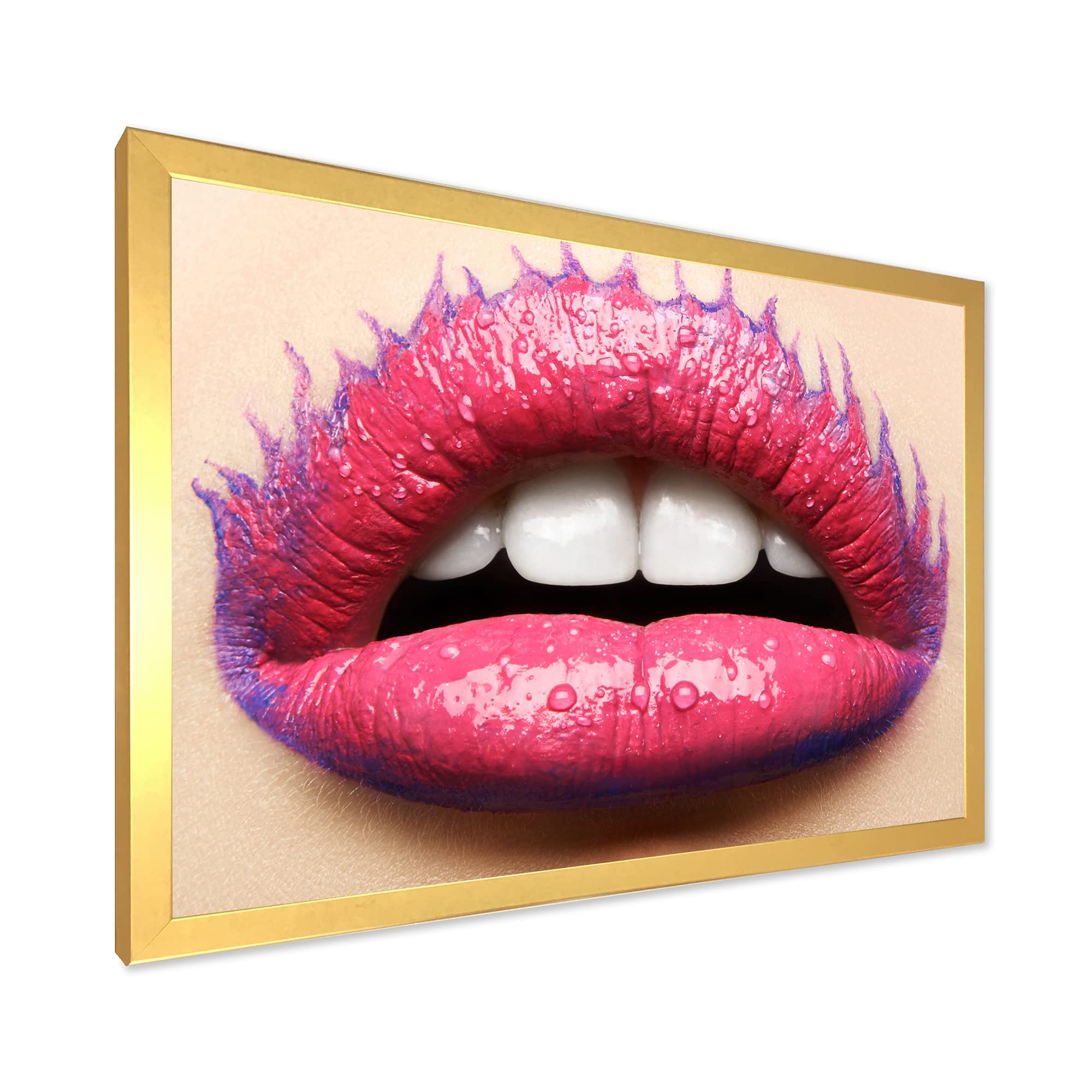 DesignQ Modern Framed Wall Art - Beautiful Female Lips with Pink Lipstick Painting - Perfect for Living Room, Bedroom & Office Decor