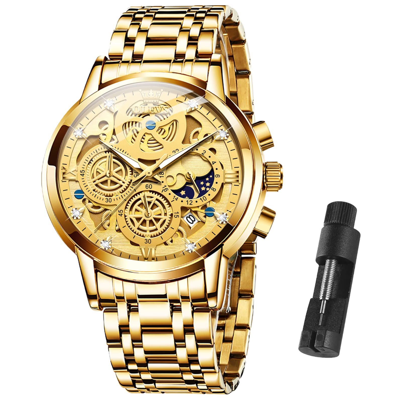 OLEVS Men's Luxury Stainless Steel Watch - Diamond Chronograph, Date, Business Dress Watch for Gifts & Formal Occasions