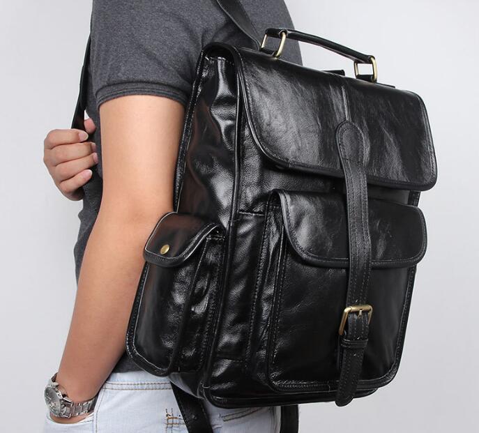 Men's Black Leather Laptop Backpack - Waterproof Business Computer Bag for Work, Travel & College - Fits 15.6 Inch Laptop with USB Charging Port