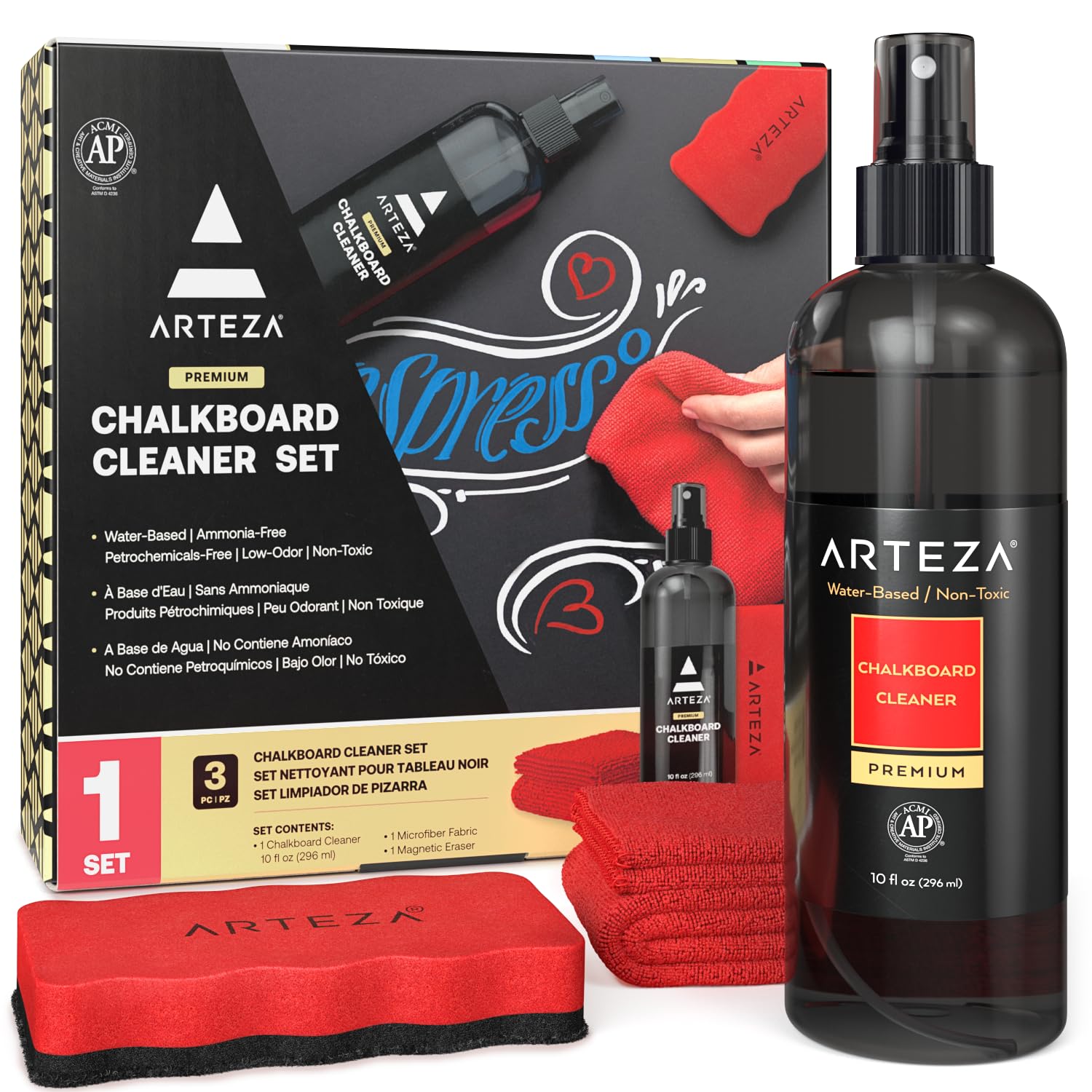 Arteza Chalkboard Cleaner Set - 10oz Spray Bottle, Microfiber Towel & Magnetic Eraser for Chalkboards, Blackboards & Glass - Perfect for Classrooms, Restaurants & Home Use