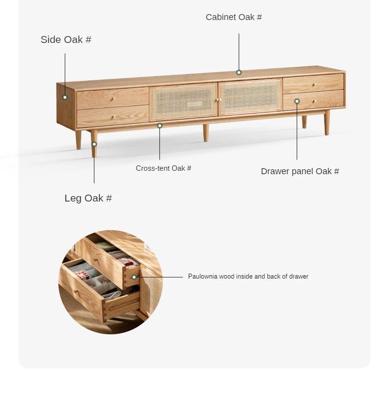 Solid Oak Wood TV Stand with Rattan Doors - Stylish Media Console for Living Room, Bedroom, or Home Theater