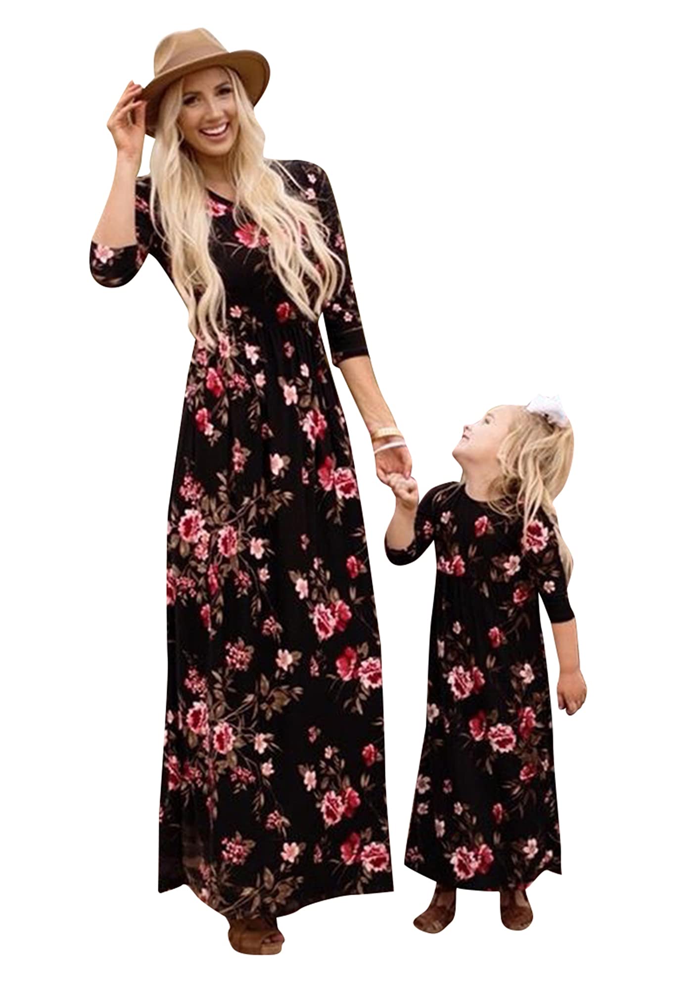 YMING Mommy and Daughter Matching Maxi Dresses - Long Sleeve Floral Print Outfits for Women & Girls | Perfect for Family Photos, Holidays, and Special Occasions
