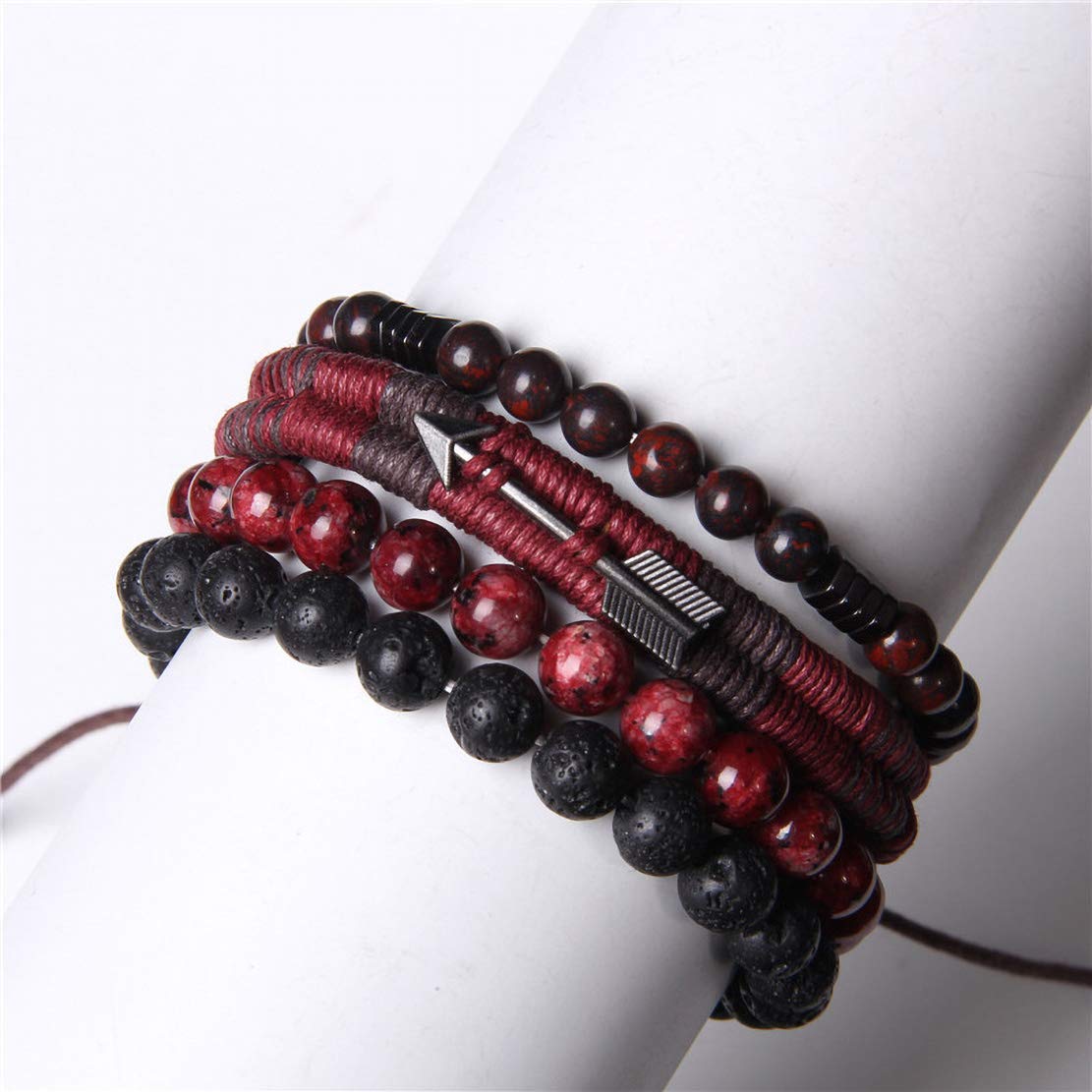 WAINIS Braided Leather Bracelets for Men & Women - Adjustable Wrap Tiger Eye & Lava Rock Beads Bracelet Set - Ethnic Tribal Woven Rope Wristbands for Yoga, Meditation & Boho Fashion Accessories