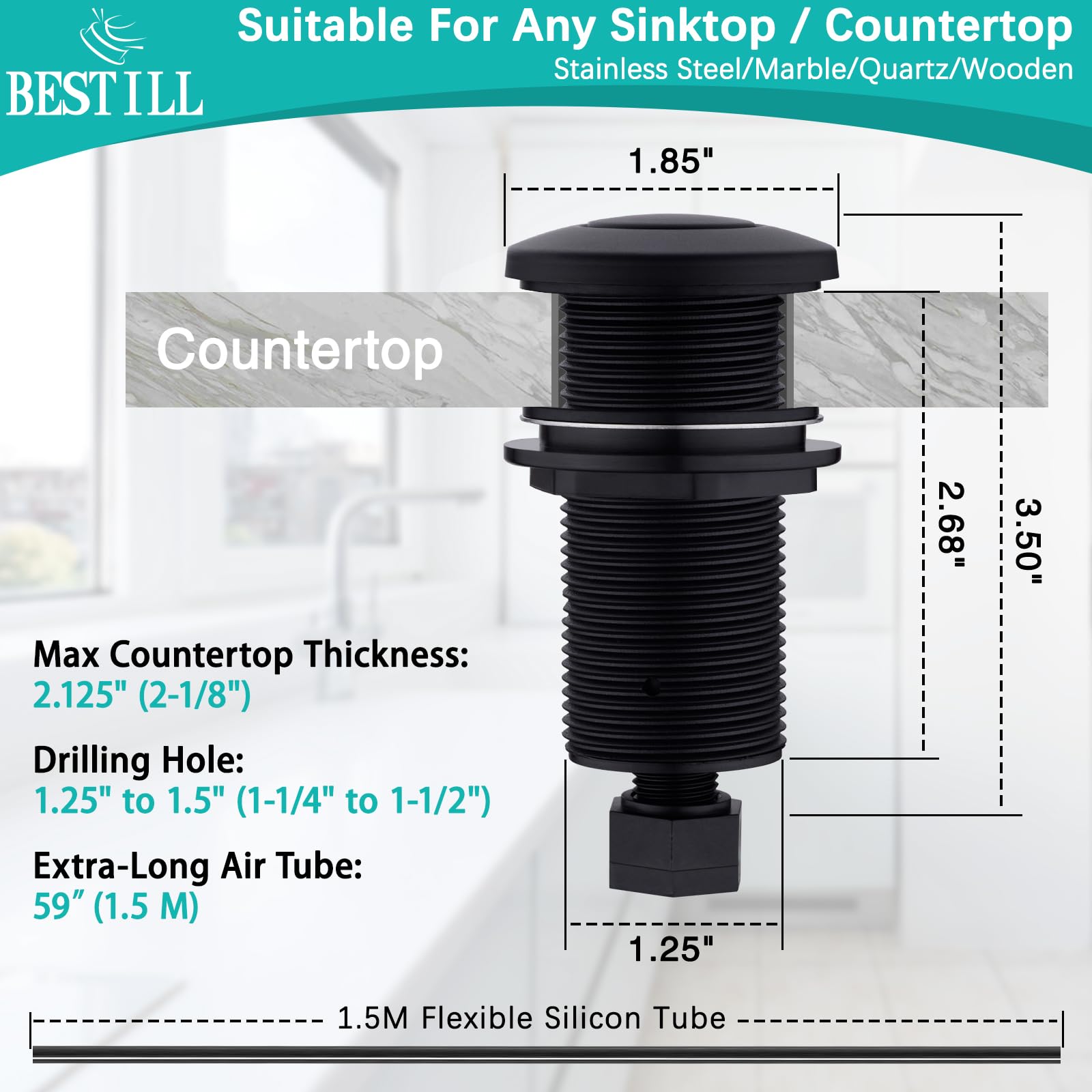 Best Sink Top Garbage Disposal Air Switch Button - 5 Ft Air Hose, Matte Black 3.6