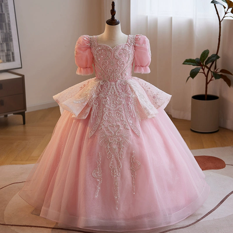 Pink Organza Flower Girl Dress - Princess Sweetheart Floor Length Formal Gown for Weddings, Parties & Special Occasions