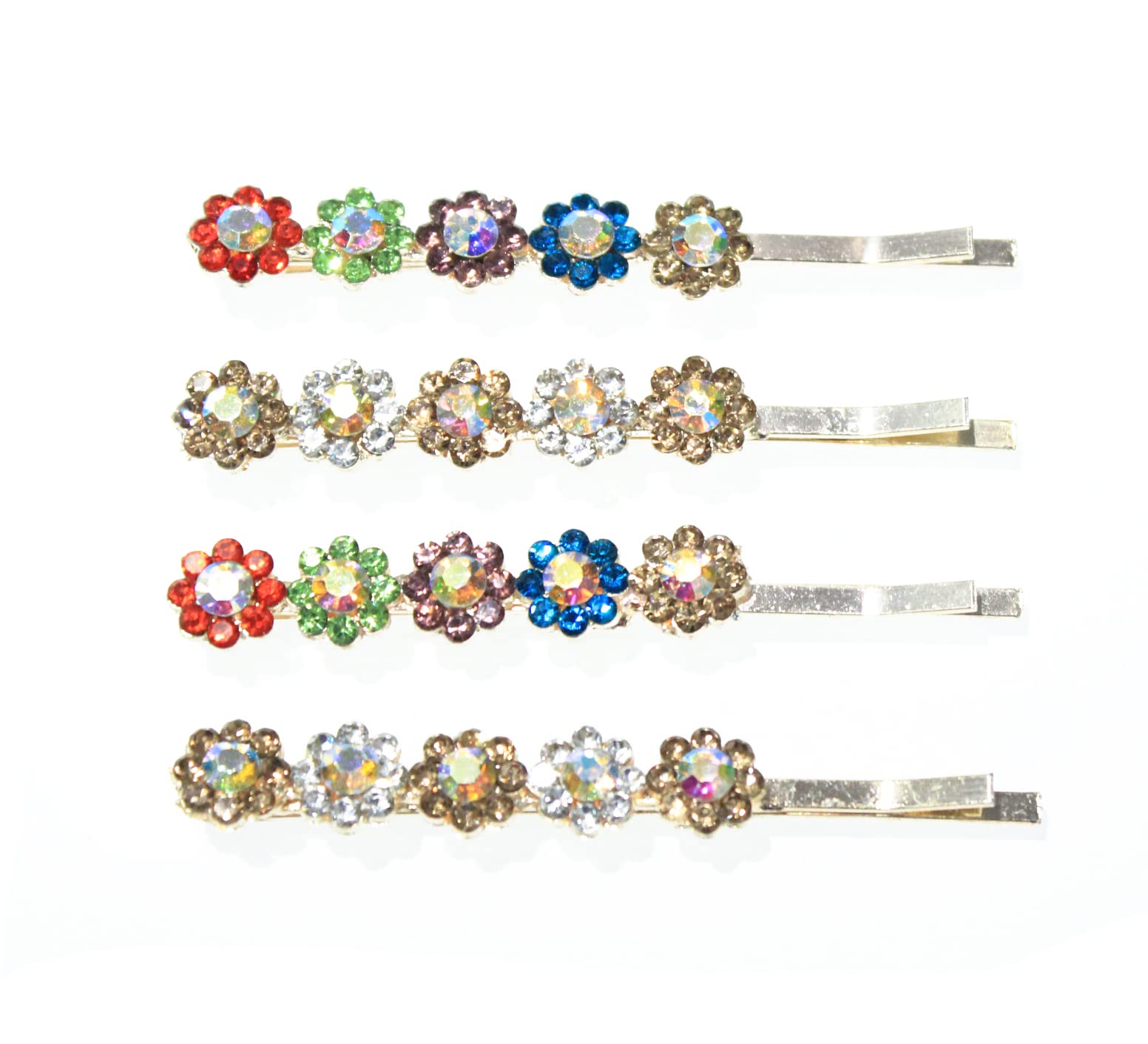 Multicolor Gold Plated Crystal Rhinestone Floral Hairpins for Women & Girls - Elegant Hair Clips for Weddings, Parties & Daily Use (Pack of 4)