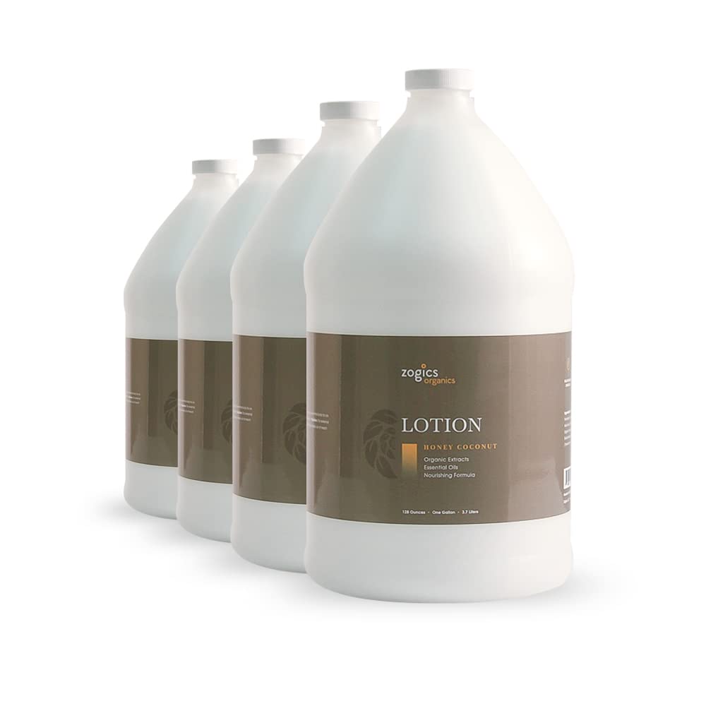 Zogics Organic Hydrating Body Lotion for Women & Men - Moisturizing Cream with Essential Oils, Honey Coconut Scented - 1 Gallon (Pack of 4) | Refillable Lotion for Spa, Gym, Home & Office Use