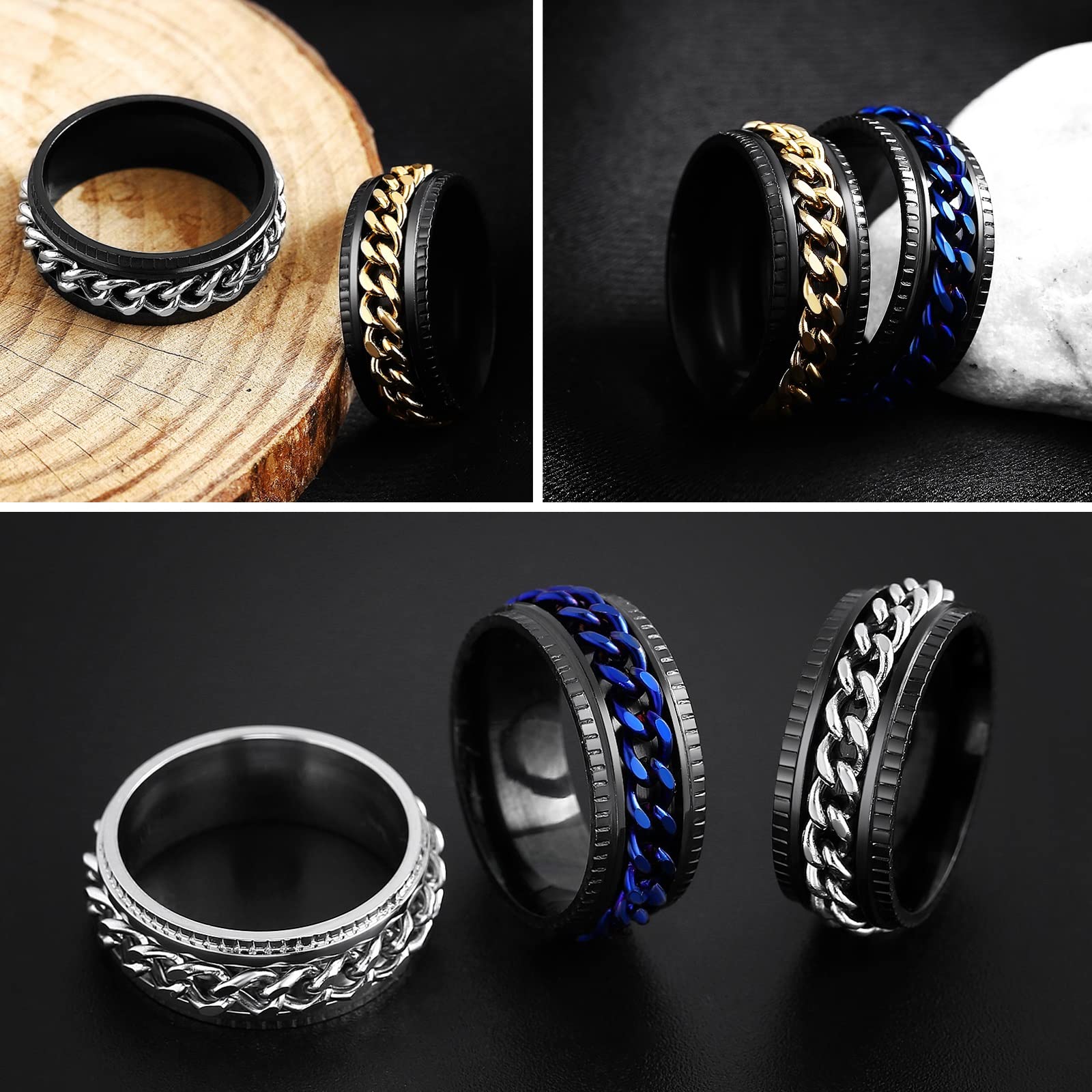 **Anxiety Relief Fidget Rings for Women & Men - 8MM Stainless Steel Intertwined Curb Chain Rings Set (5pcs) - Stress Relief Therapy Jewelry in Silver/Gold/Black/Blue - Sizes 6-13 - Perfect for ADHD, Anxiety, Focus & Office Use**