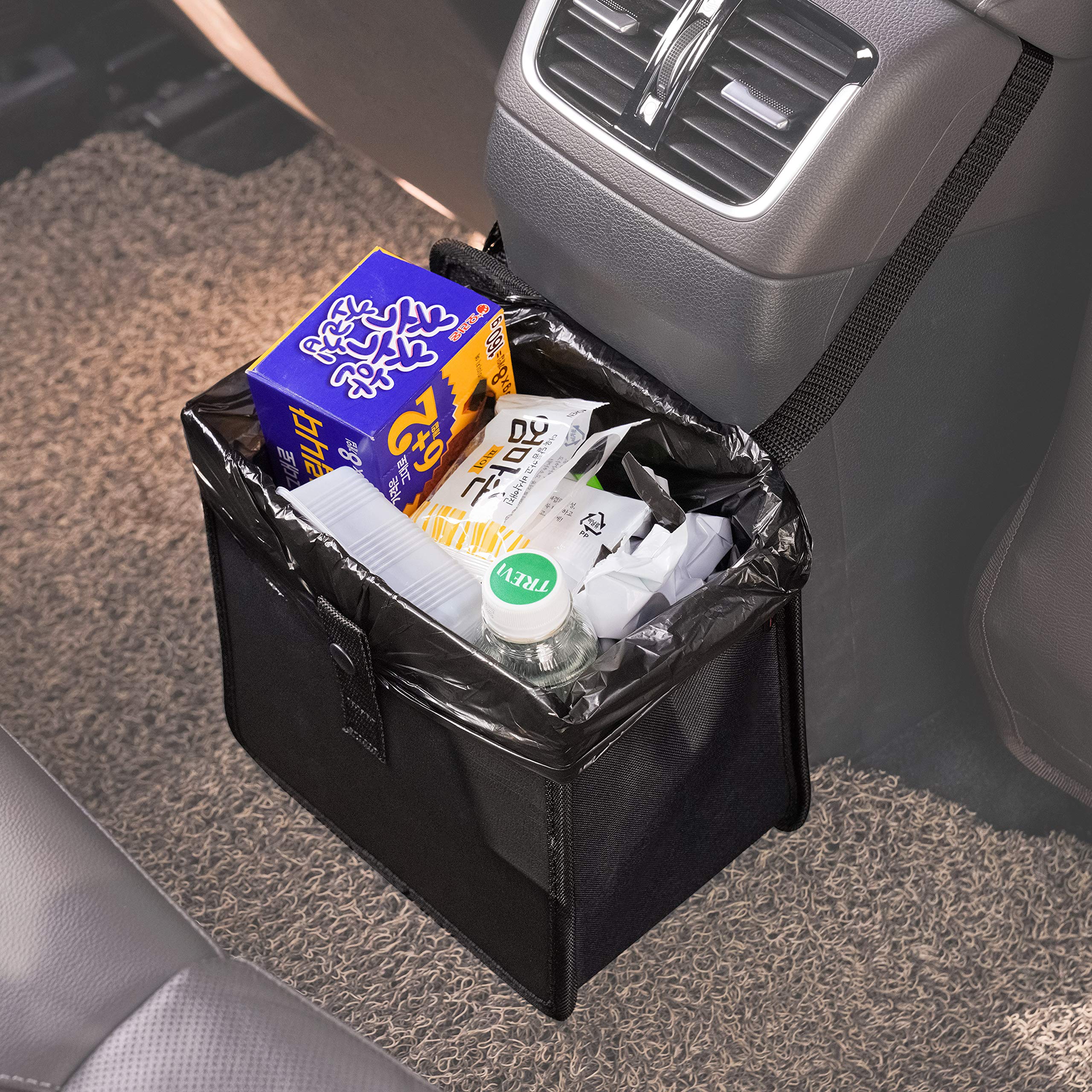 KMMOTORS Collapsible Car Trash Can - Vegan Leather Hanging Car Garbage Bin for Front & Back Seat (Medium, Black) | Perfect for Road Trips, Commuting & Keeping Your Vehicle Clean