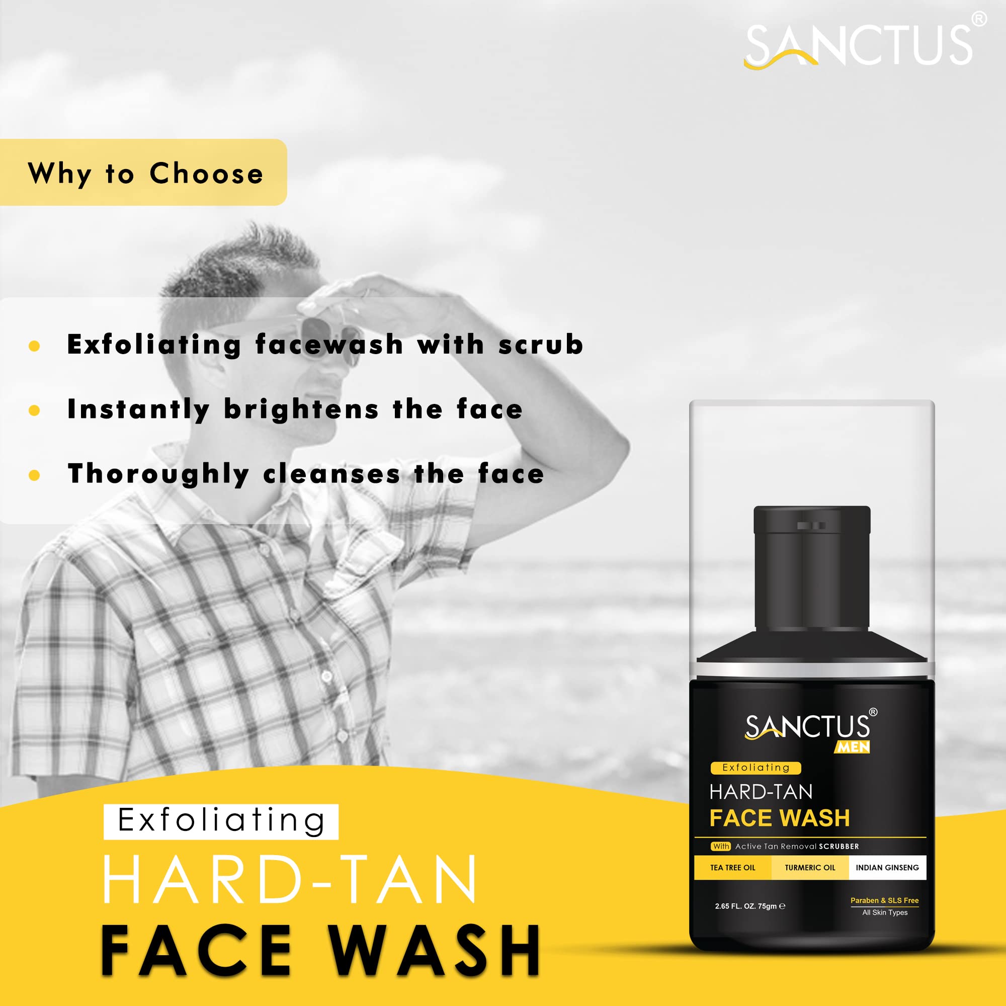 Organic Hard Tan Scrub Face Wash for Men - Insta Whitening & Oil Control with Indian Ginseng, Tea Tree Oil, Amla & Turmeric | Natural Tan Removal | 75g | Perfect for Post-Workout, Travel & Daily Skincare Routine