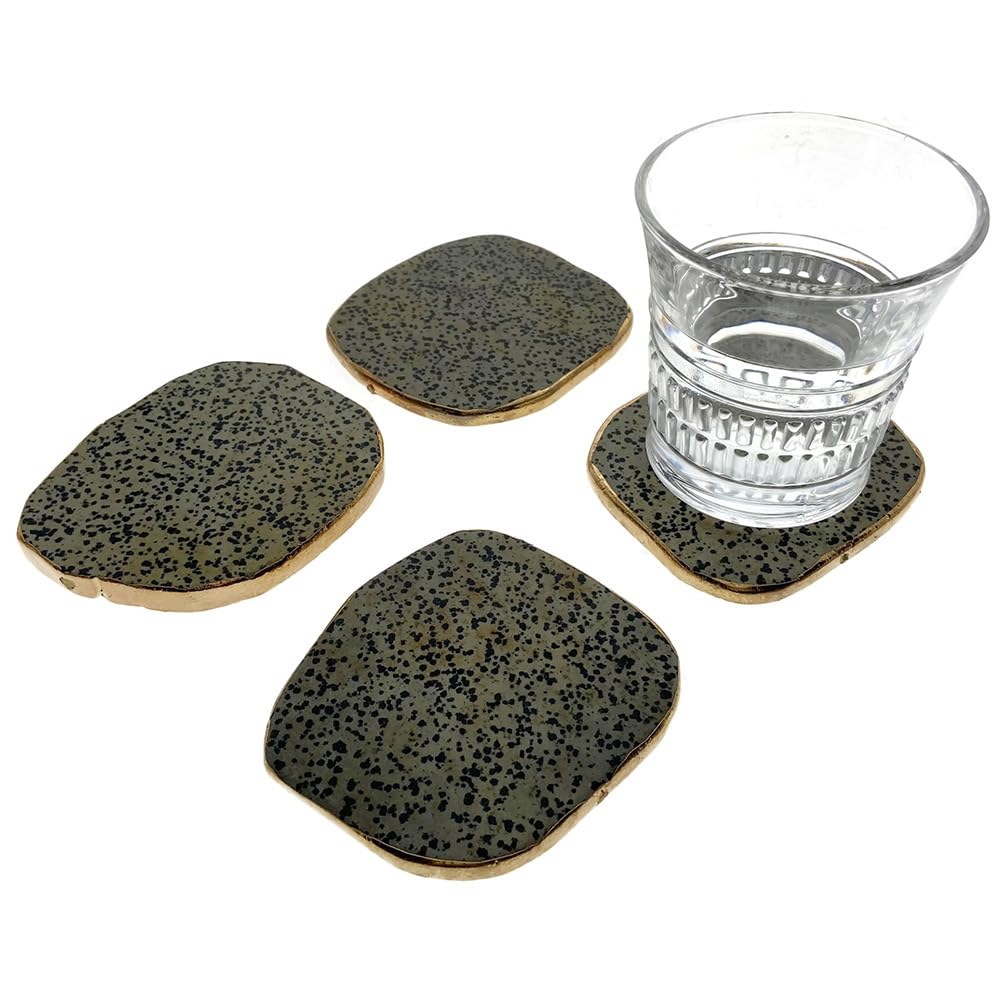 Natural Dalmatian Jasper Stone Coasters Set of 4 with Gold Accents - Perfect for Home Decor, Coffee Tables, and Gift Giving