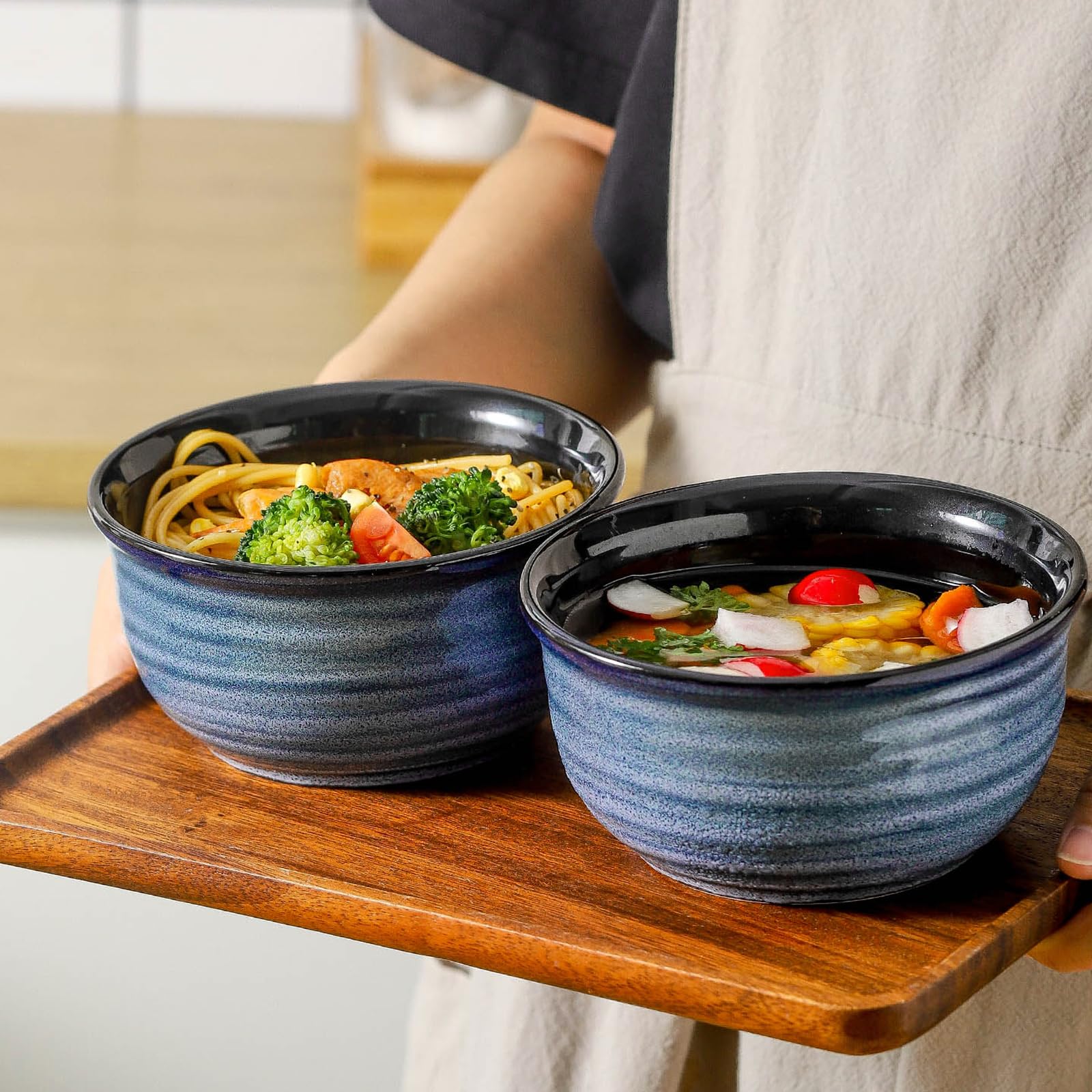 MEKY 20oz Ceramic Soup Bowls - Set of 6 Stackable Microwave & Dishwasher Safe Bowls for Cereal, Pasta, Oatmeal, Rice & Ice Cream - Elegant Durable Kitchenware for Dining, Entertaining & Everyday Use - Blue