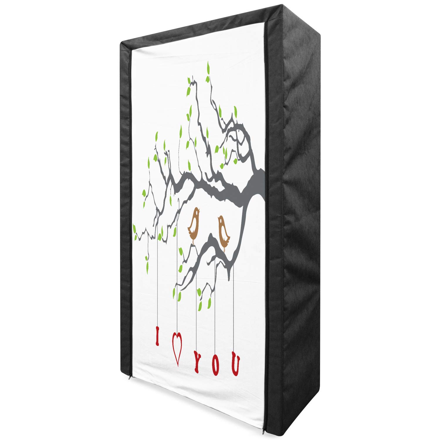 Ambesonne Portable Fabric Wardrobe with Love Birds Tree Branch Print - 33.5 Inch Clothing Organizer & Storage Closet with Shelves in Grey Red Fern Green - Perfect for Bedroom, Closet & Dorm Organization