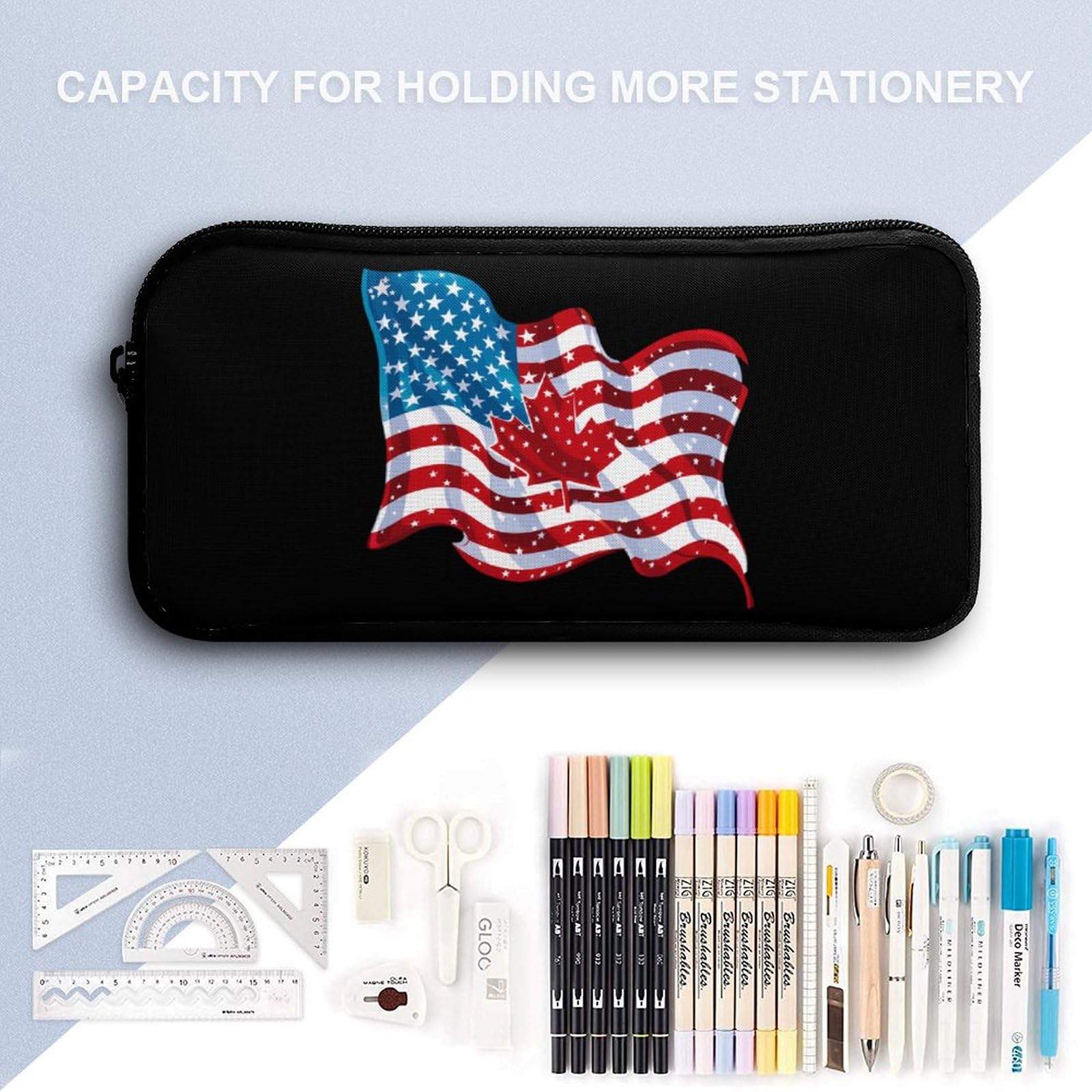 American & Canadian Flag Pencil Case - Large Capacity Zippered Pen Pouch, Stationery Organizer & Makeup Bag for School, Office & Travel