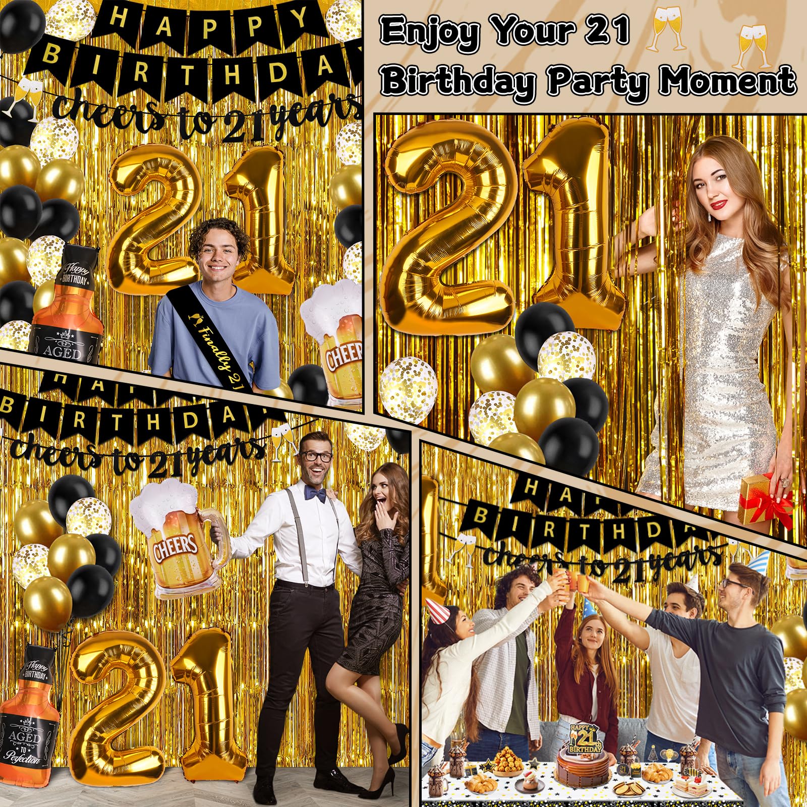 21st Birthday Decorations for Men - Black & Gold Party Supplies Kit with Banner, Fringe Curtain, Confetti & Balloons | Perfect for 21st Birthday Parties, Milestone Celebrations & Adult Birthday Decor