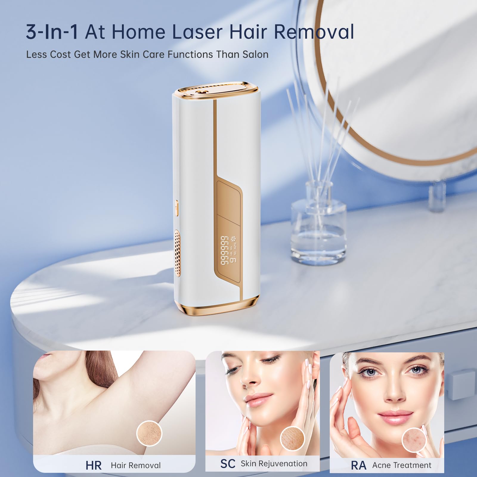 Painless Ice Cooling IPL Laser Hair Removal Device for Women & Men - Permanent Hair Remover for Face, Legs, Arms & Body | 3-in-1 At-Home Hair Removal System | Perfect for Smooth Skin & Hair-Free Confidence (Home Salon, Travel, Gifting)