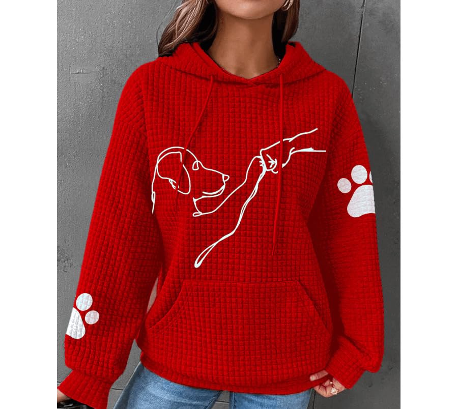 Apvirdy Women's Cute Dog Print Waffle Knit Oversized Hoodie Sweatshirt - Soft Pullover Sweater with Pocket, Plus Size Casual Top for Fall Outfits & Cozy Loungewear