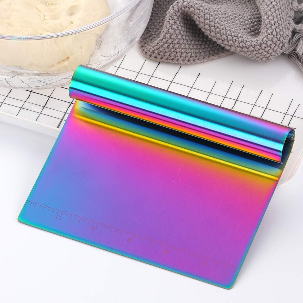 Stainless Steel Dough Scraper & Pastry Cutter with Measuring Scale - Multipurpose Bench Scraper, Pizza Dough Cutter, Bread Knife - Perfect for Baking, Cake Decorating & Pizza Making (Rainbow Mirror Polish)